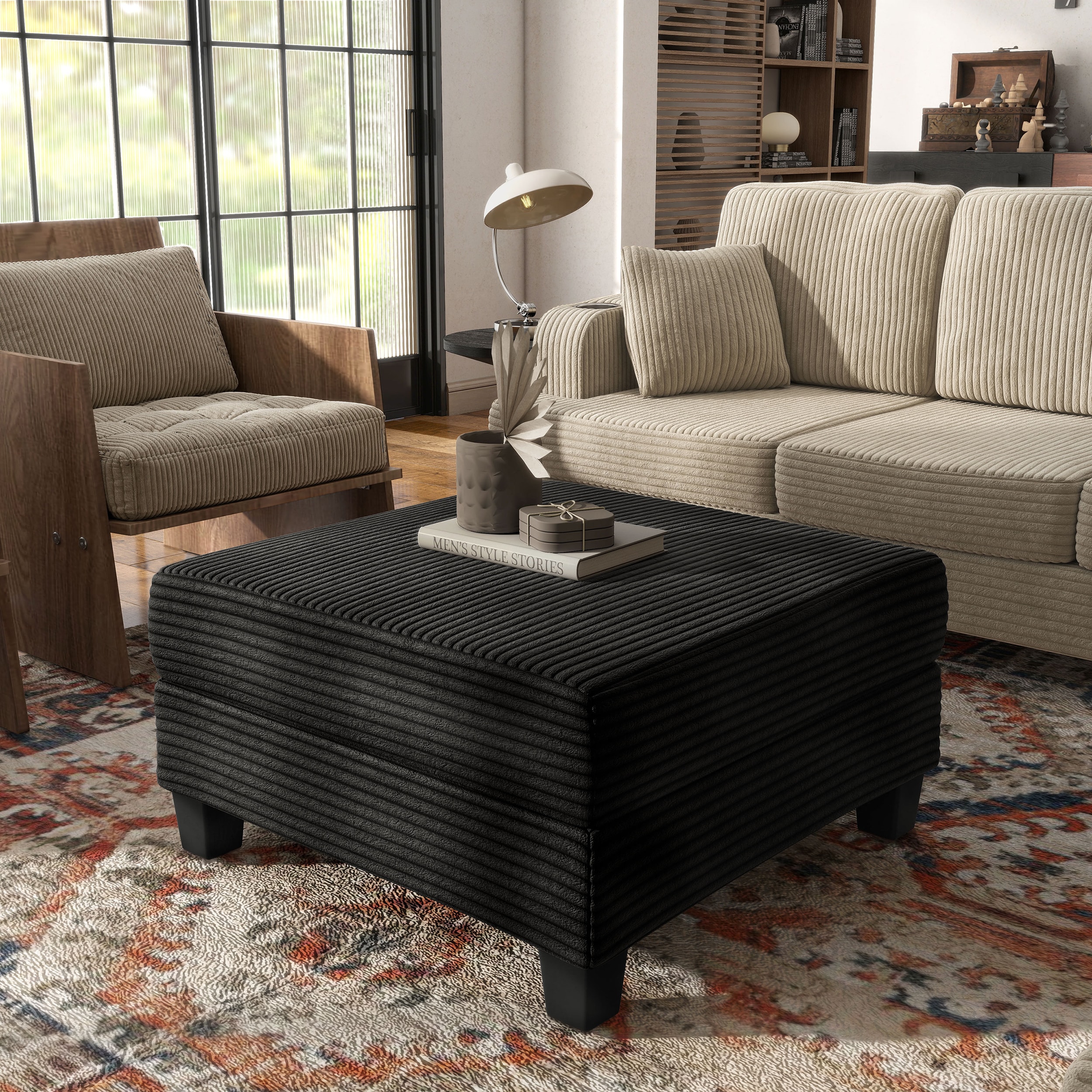 Furniture of America IDF-SL6932BK-OT Kasin Glam Black Chenille Storage Ottoman