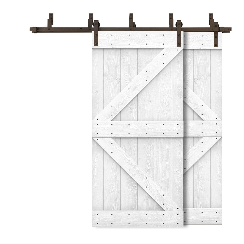 CALHOME 6XBP+S96+(2)K42WT 84-in x 84-in White K-frame Knotty pine Wood Solid core Double Bypass Barn Door (Hardware Included)
