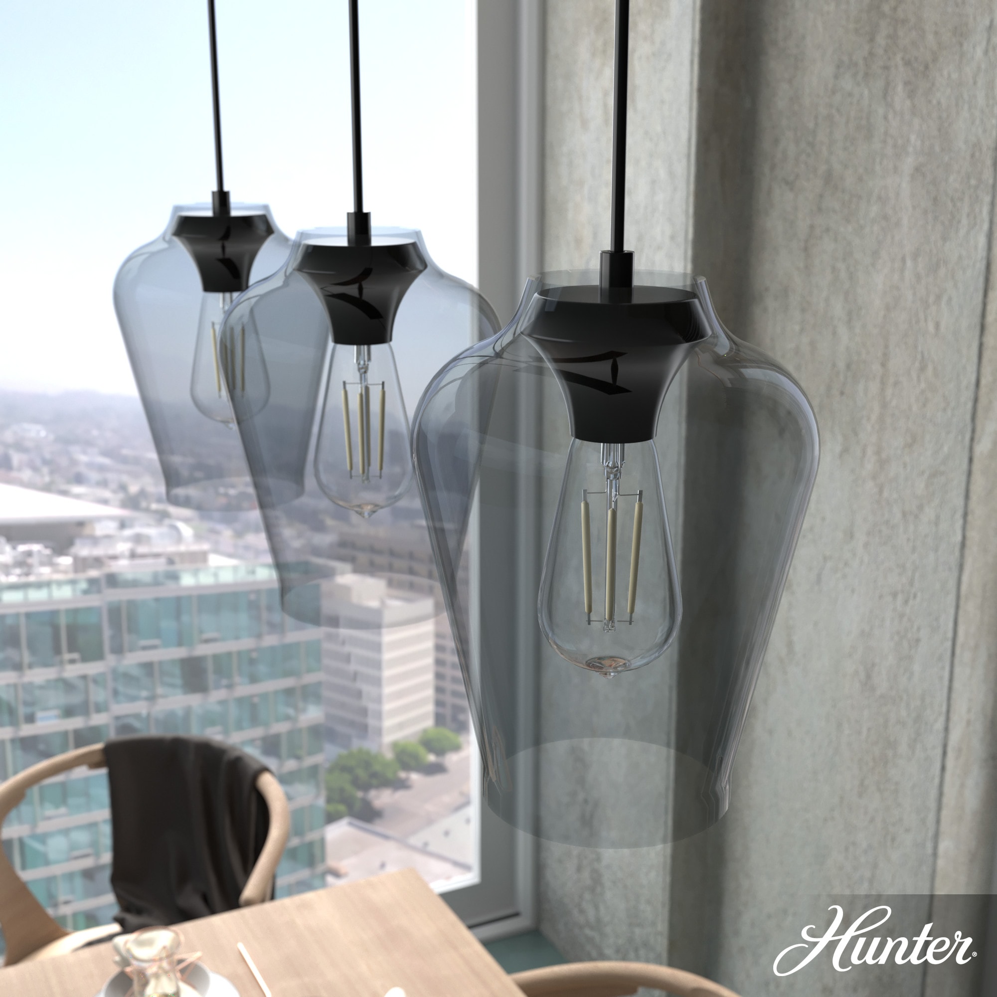 Hunter 19726 Vidria 3 -Light Matte Black Modern/contemporary Tinted glass Linear Large Hanging Kitchen island light
