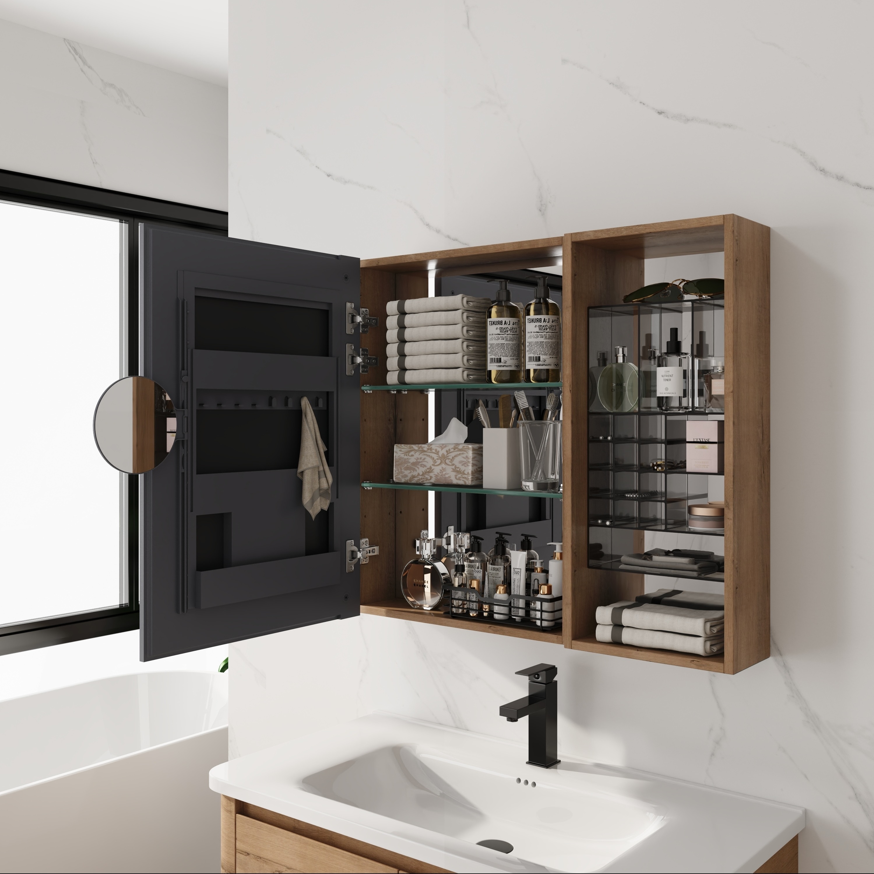 FAVSH  31.56-in x 5.88-in x 27.56-in Imitative Oak Bathroom Wall Cabinet with Mirror and Adjustable Shelves