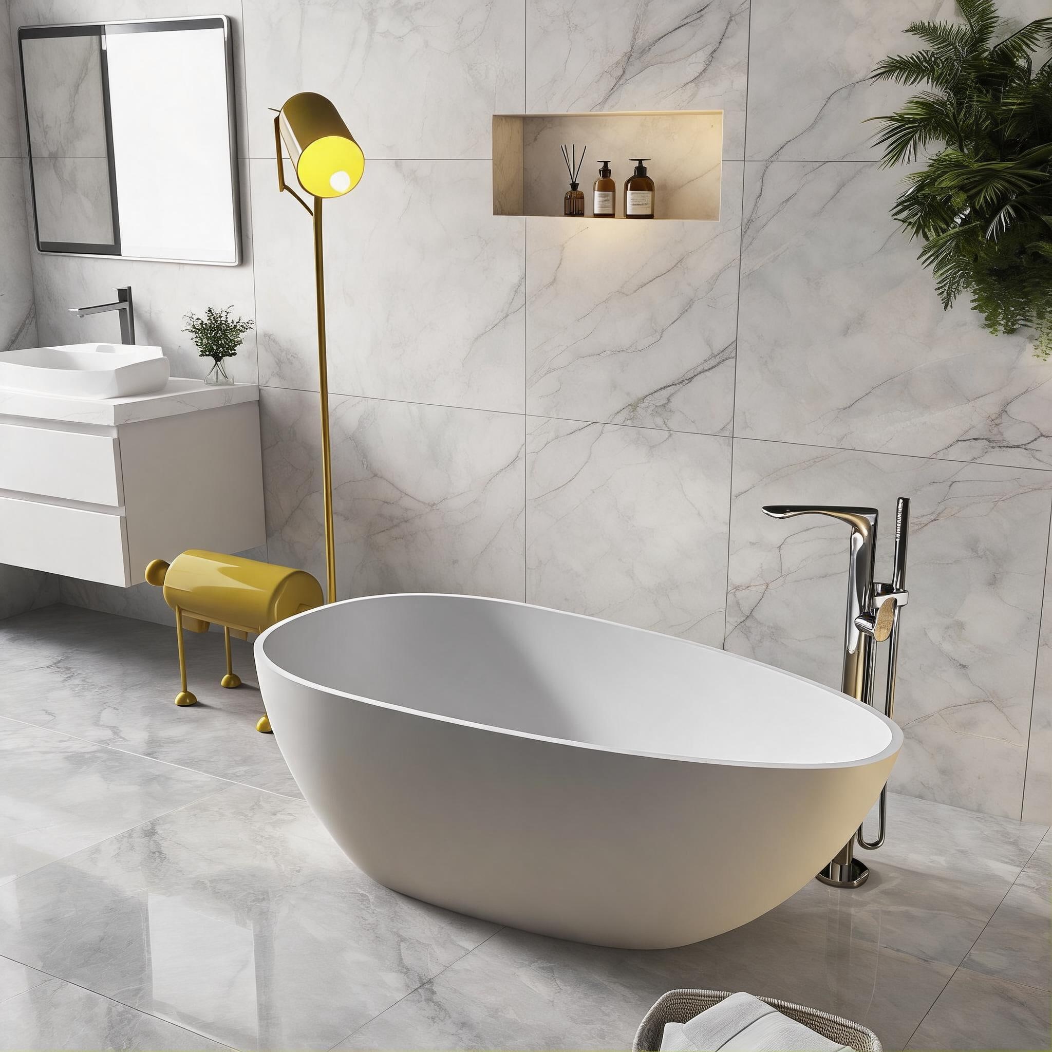 Watnature Solid Surface Classic White Freestanding Egg-Shaped Bathtub for Small to Medium Bathroom 59 Inch #IYBWITLRBL2C
