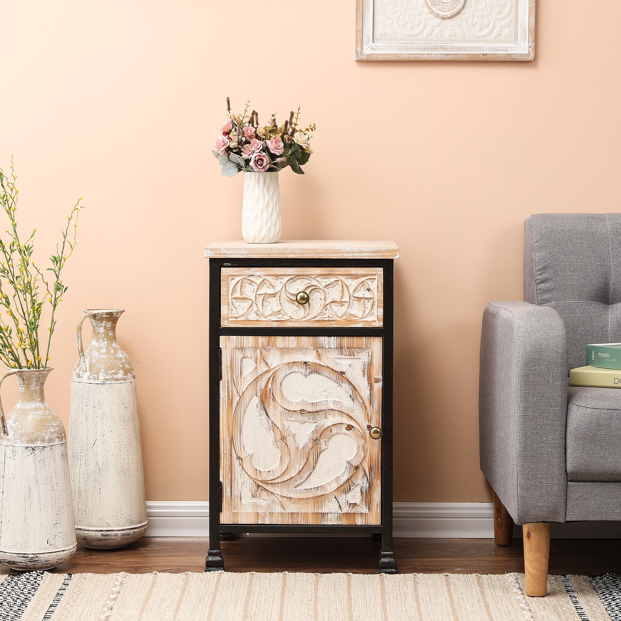 White Fir Wood and Black Iron Bohemian Nightstand with Storage