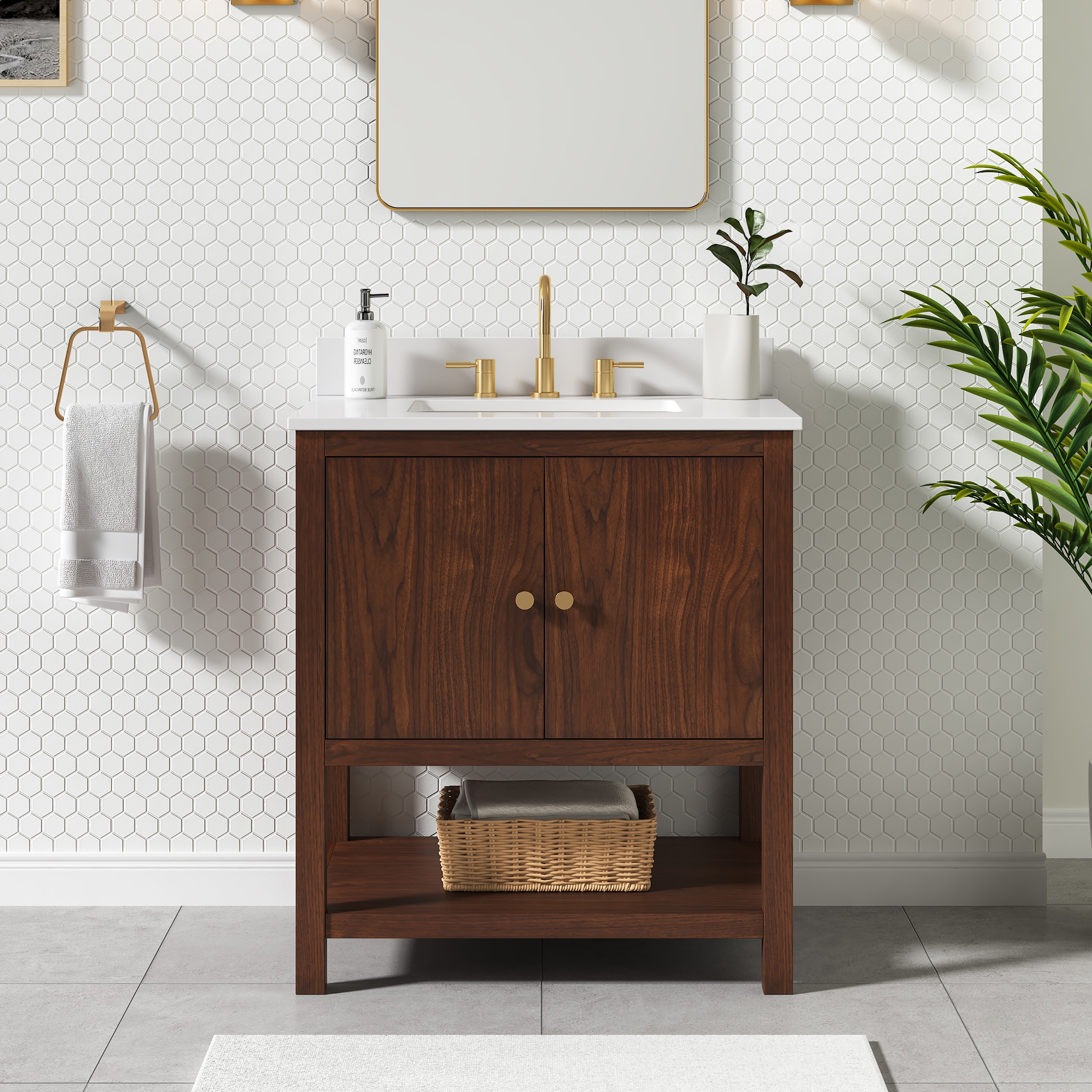 Avanity ZOE-VS31-WA 31-in Walnut Undermount Single Sink Bathroom Vanity with White Quartz Quartz Top