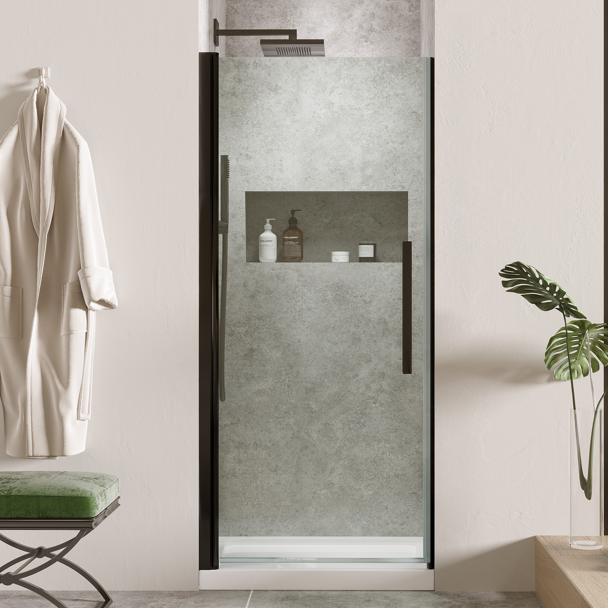OVE Decors 828796062510 Pasadena 34-in W x 32-in L x 75-in H Rectangular Alcove shower kit ( Center Drain) Base and Door Included Satin black Hardware Included