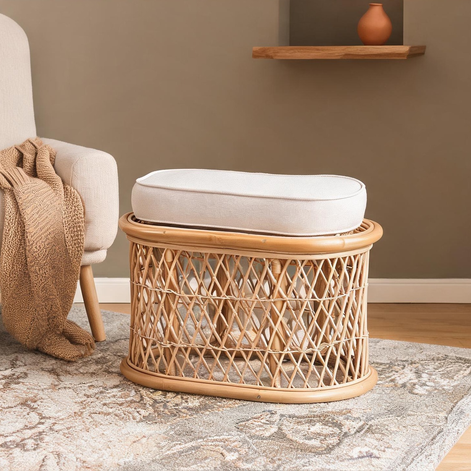 Watnature Light natural rattan oval ottoman footstool with removable ...