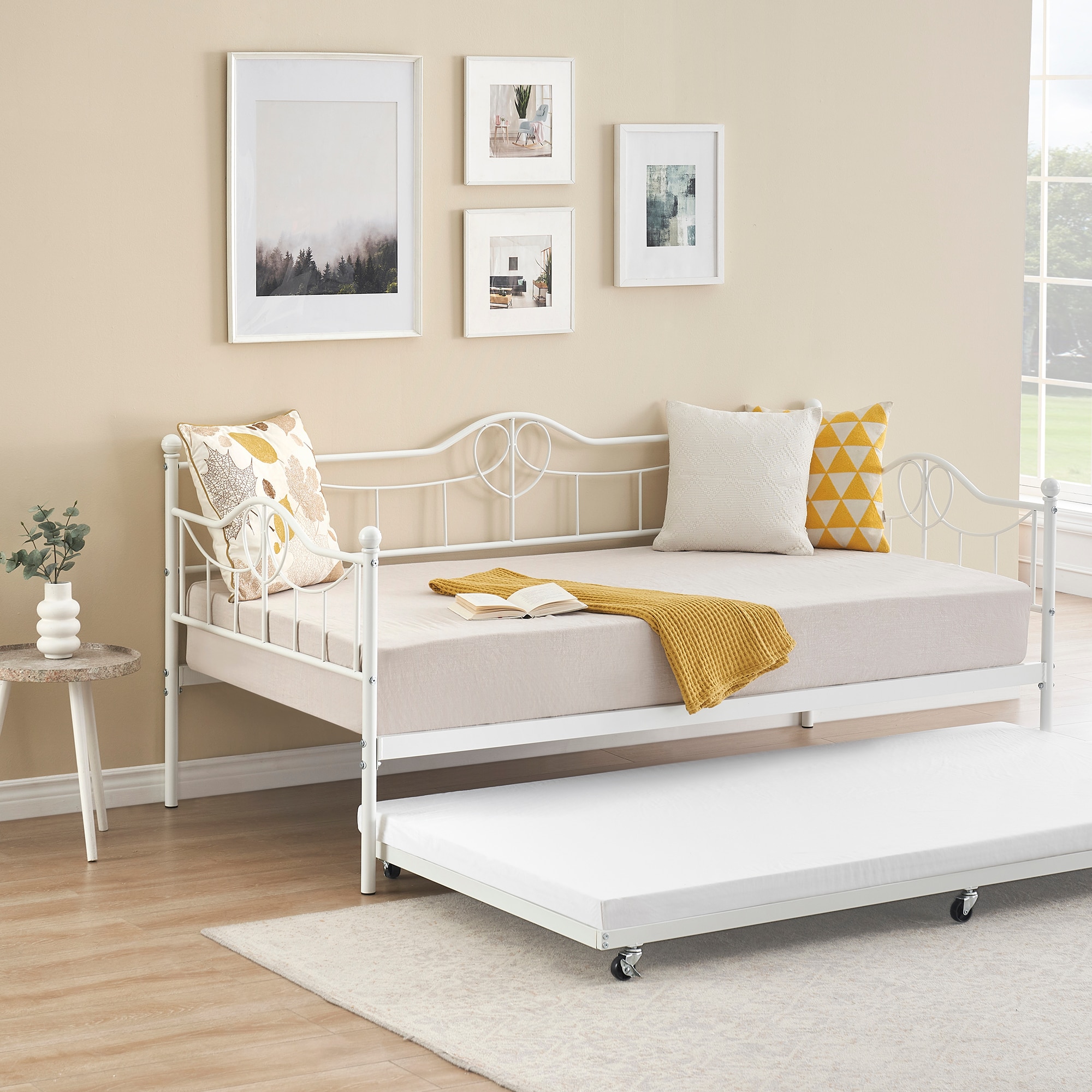 GarveeLife White Twin Metal Daybed With Pull Out Trundle Sturdy Daybed Sofa With Headboard Side Armrest Steel Slat Support Dual Use Modern Platform Bed for Living Room Bedroom Guest Room