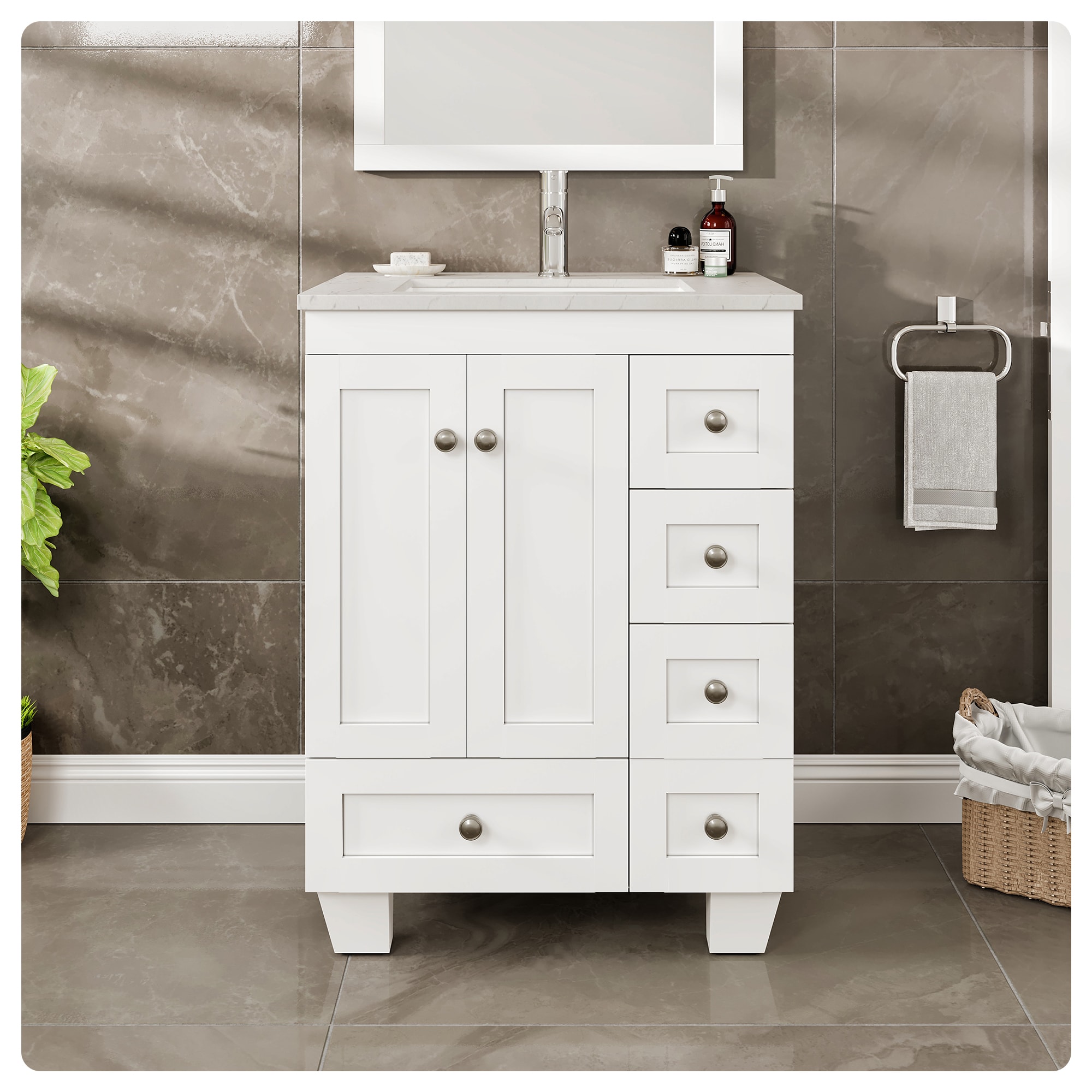 White 24" Bathroom Vanity with Carrara Quartz Top and Sink