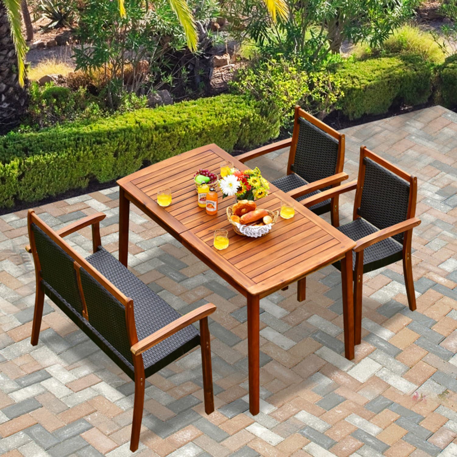 Mondawe MO-HW70441 4 -Piece Brown Rattan Patio Dining Set Wood Rectangle Table with 2 Stackable Stationary Chairs