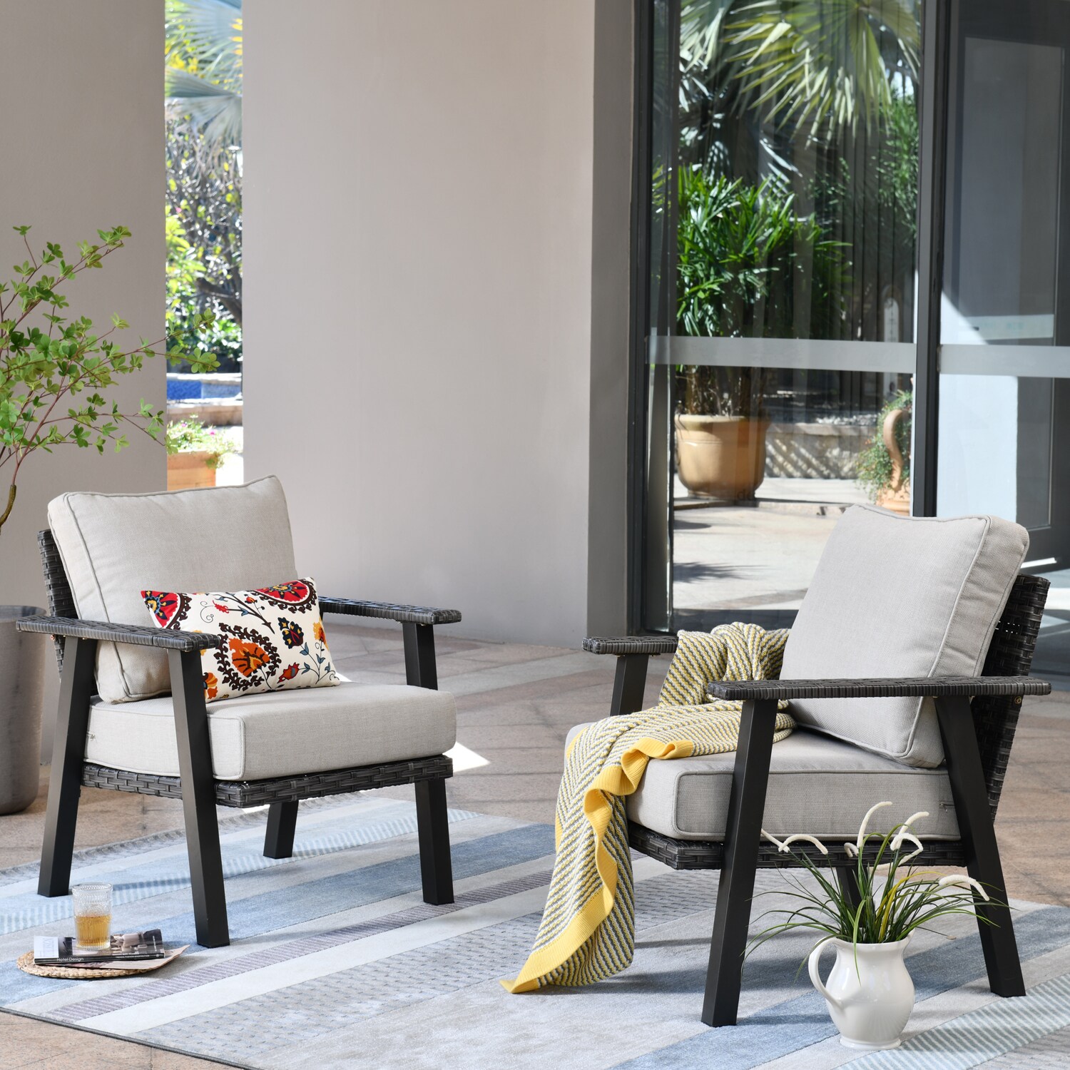 Pouuin SHW60T02A Hw Set of 2 Rattan Gray Steel Frame Stationary Conversation Chair with Off-white Woven Seat