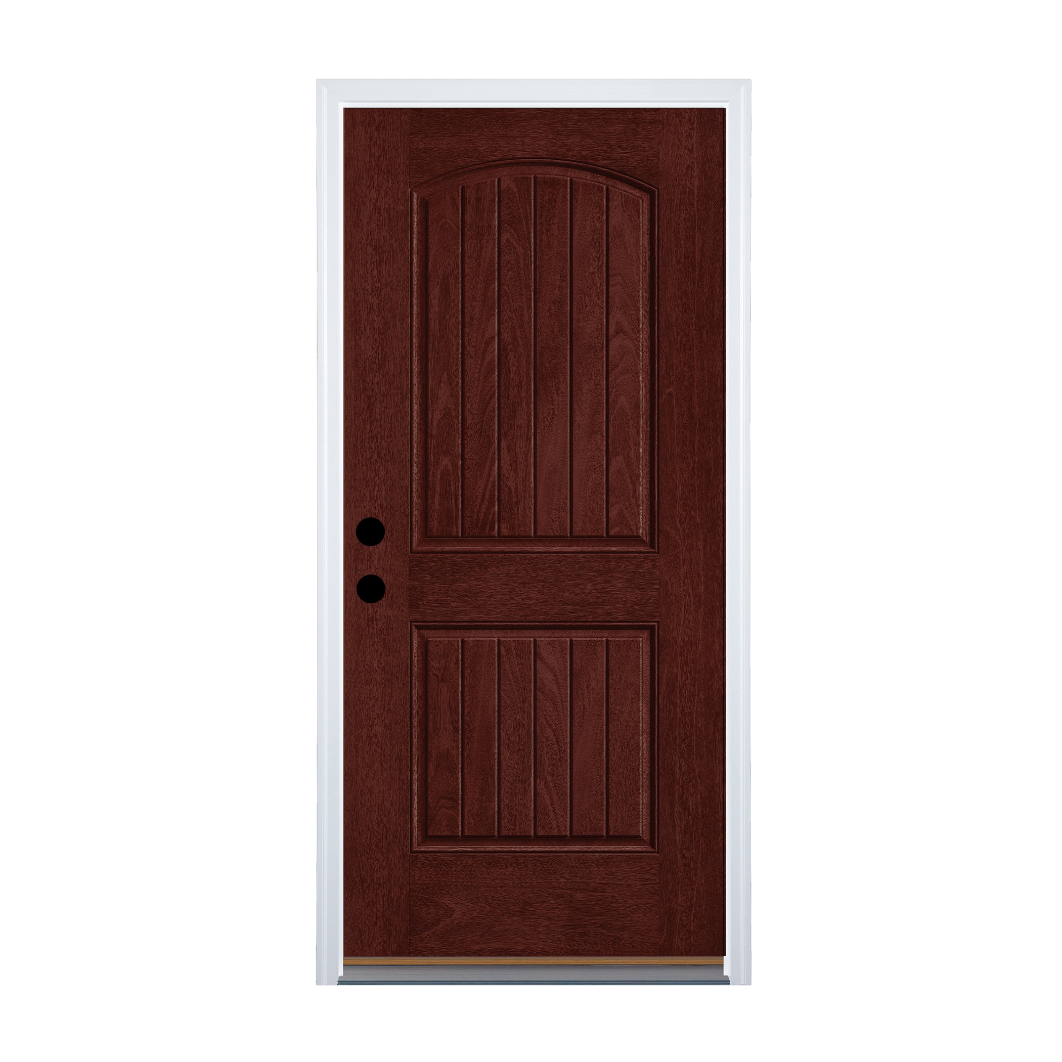 Fiberglass Left-Hand Outswing Mulberry Stained Single Front Door with Brickmould Insulating Core in Red | - Therma Tru FCM205H-I-LON6-MB