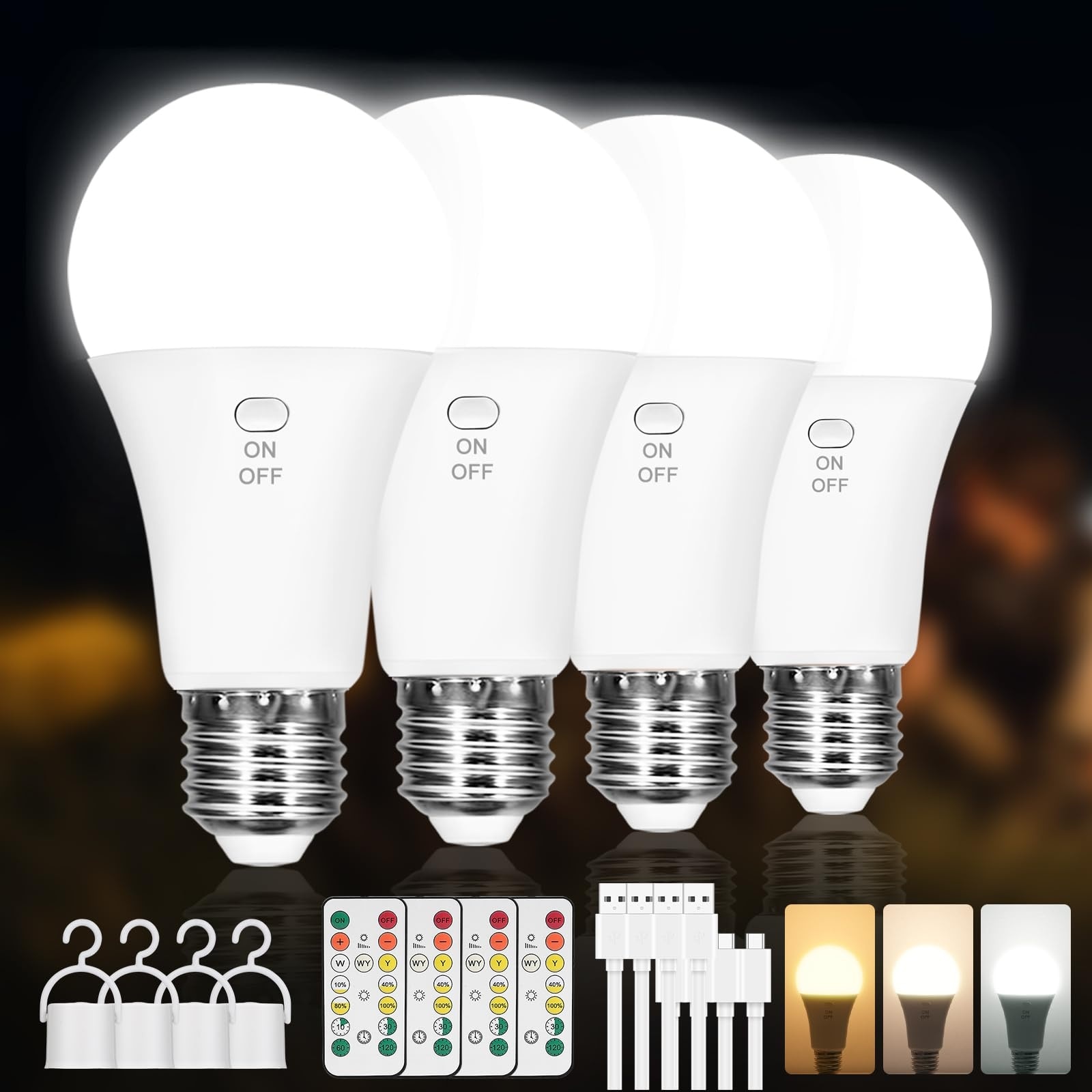 AOIZGMY 4 Pack Rechargeable LED Light Bulbs with Remote 3 Color ...