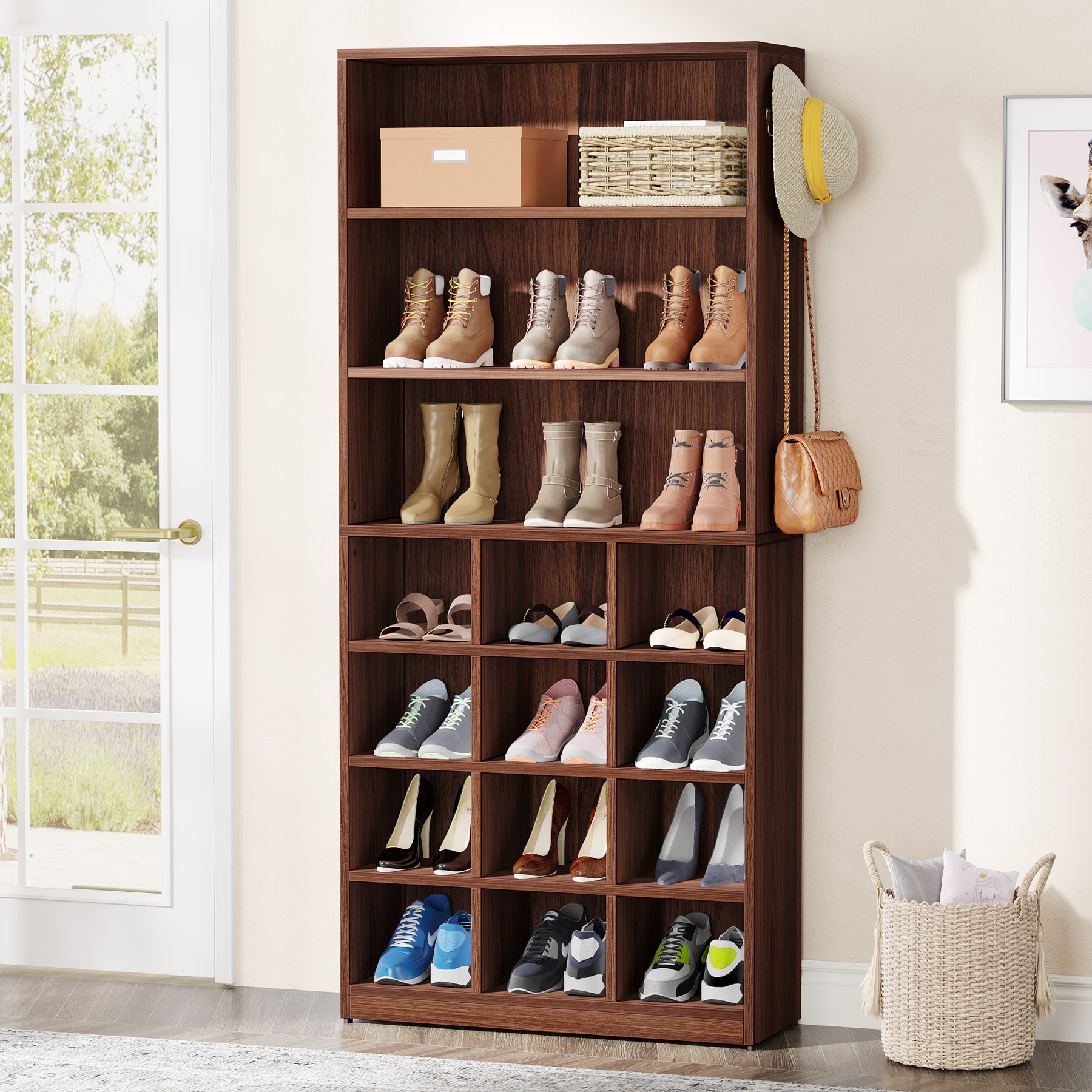 Tribesigns Shoe Cabinet 5-Tier Shoe Storage Cabinet with Open Shelves & Hooks, Freestanding Wooden Shoe Rack Storage Modern Shoe Organizer for