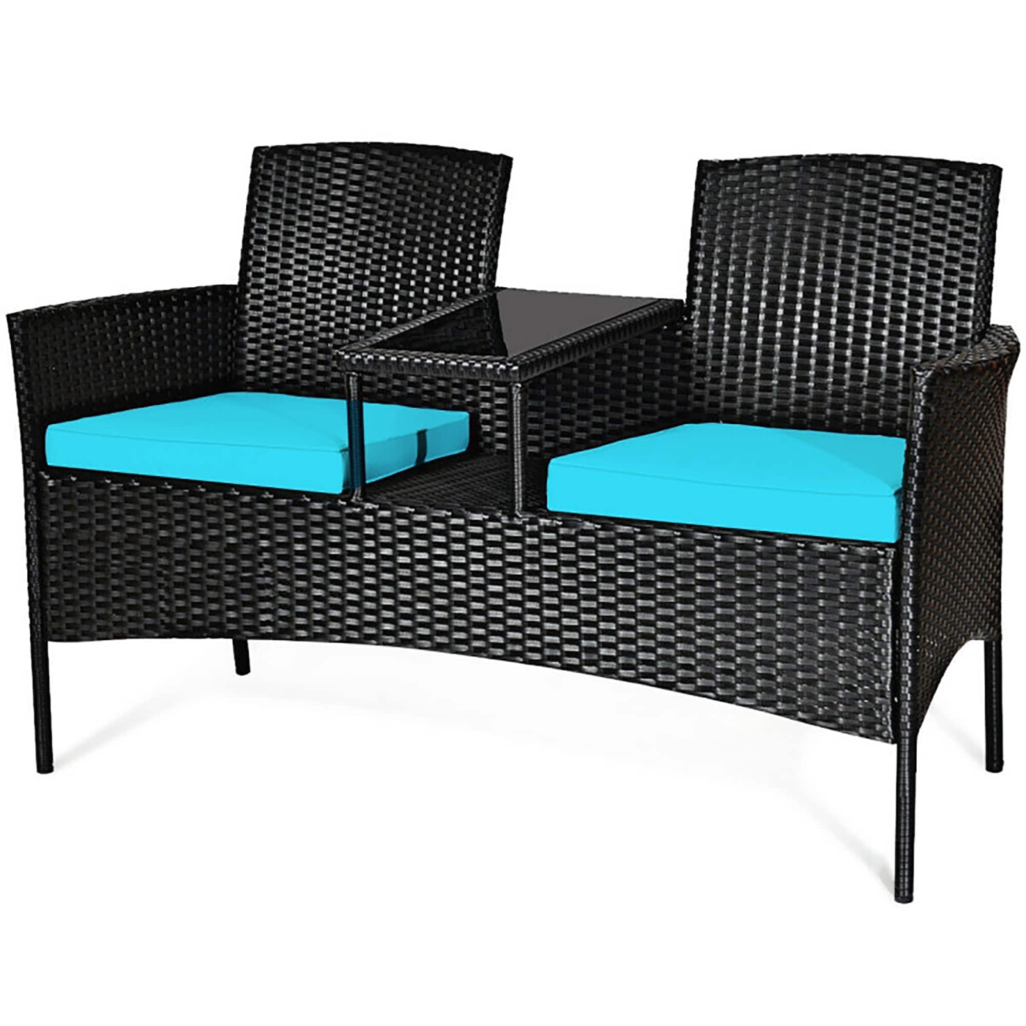 CASAINC CEW-CYHZ012-BL-DB13 Patio Furniture Set Rattan Black Steel Frame Stationary Conversation Chair with Blue Solid Seat