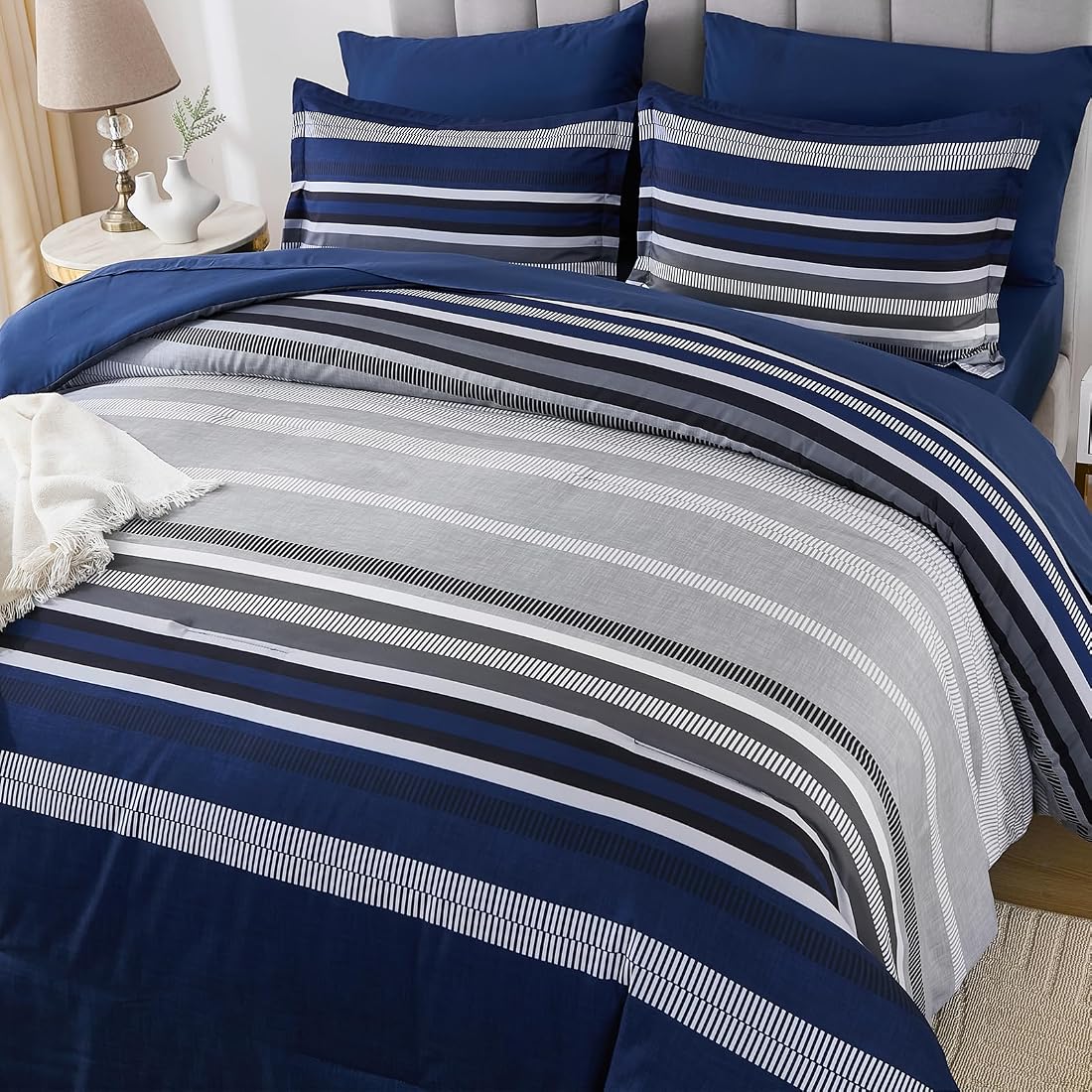 Etokfoks  Navy Blue Queen Bohemian Striped Microfiber Comforter Set 7 Pieces Bed in a Bag Bedding Set