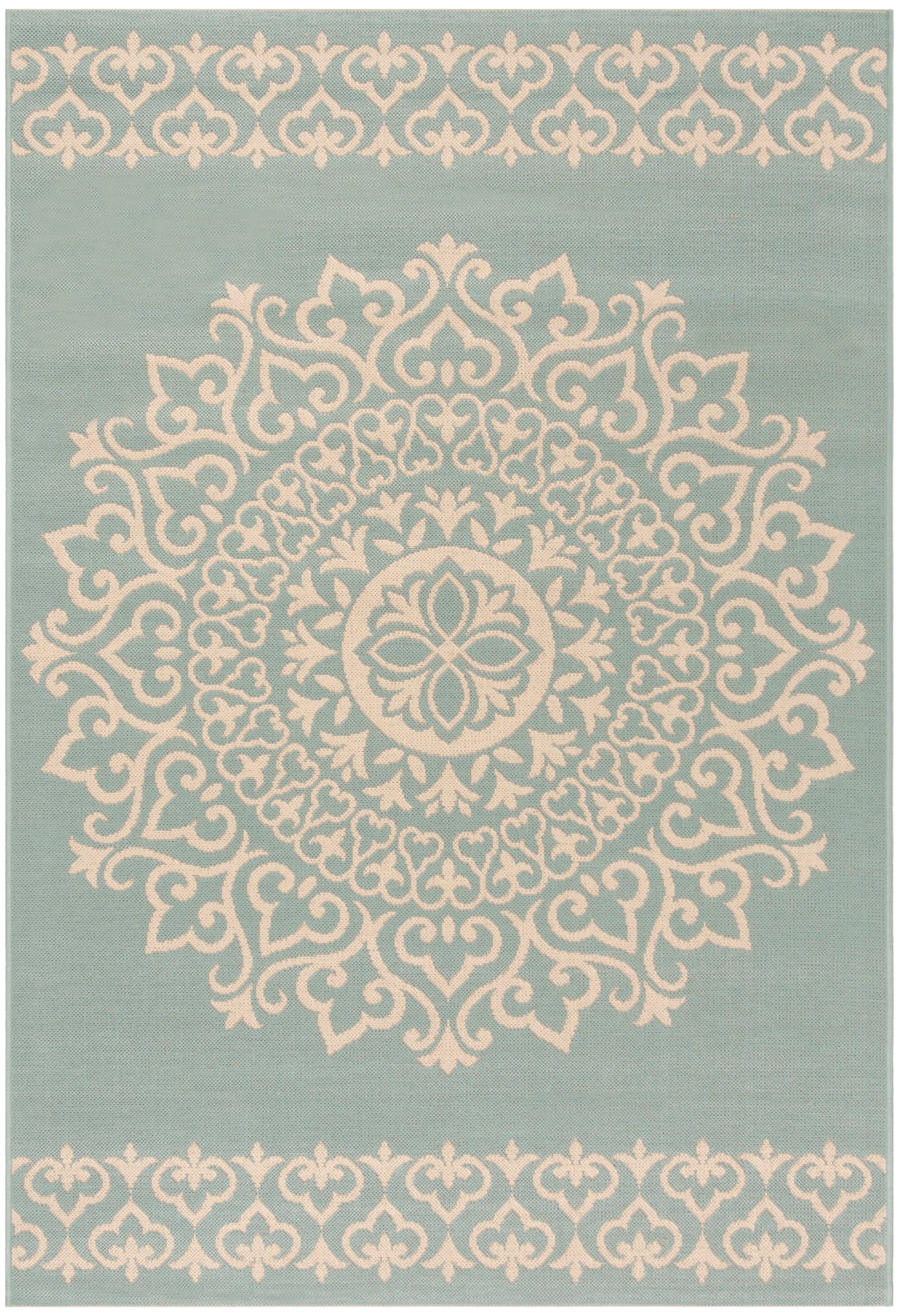 Safavieh BHS183L-5 Beach House Adelle 5 x 8 (ft) Loomed Polypropylene Cream/Aqua Rectangular Indoor/Outdoor Medallion Bohemian/Eclectic Area rug