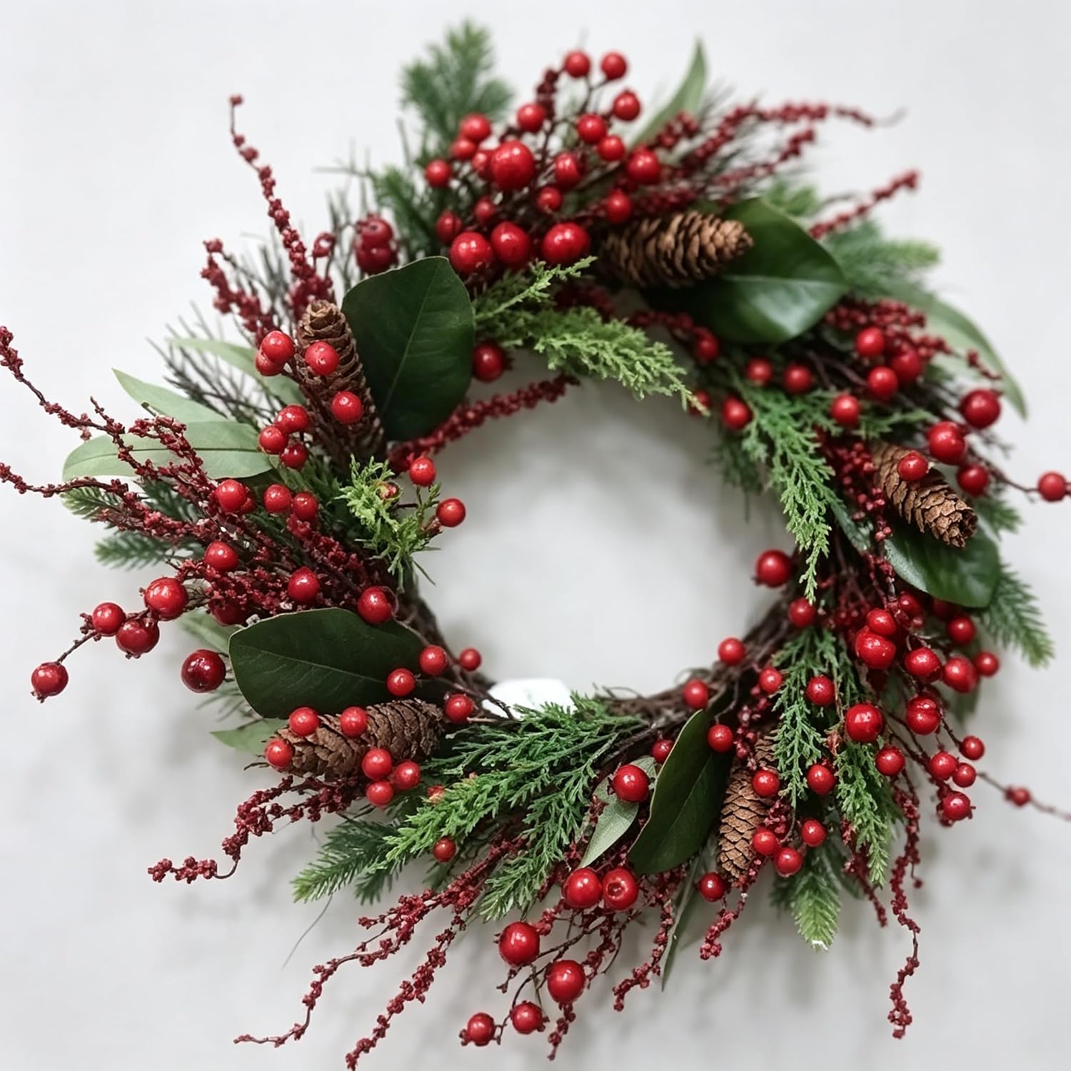 Garvee 22 in Green Christmas Wreath with Large Leaves and Double Red Berries - PE PVC Front Door Accent