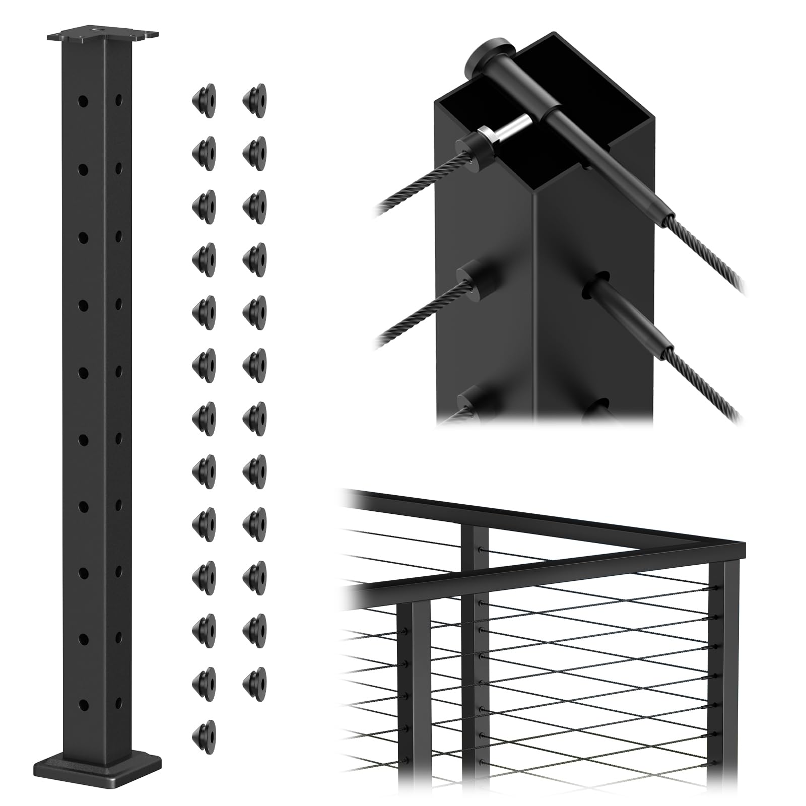 Aoibox  36 Inch 3 Side Drilled Stainless Steel Corner Post with Flat Top Mount for Cable Railing Systems