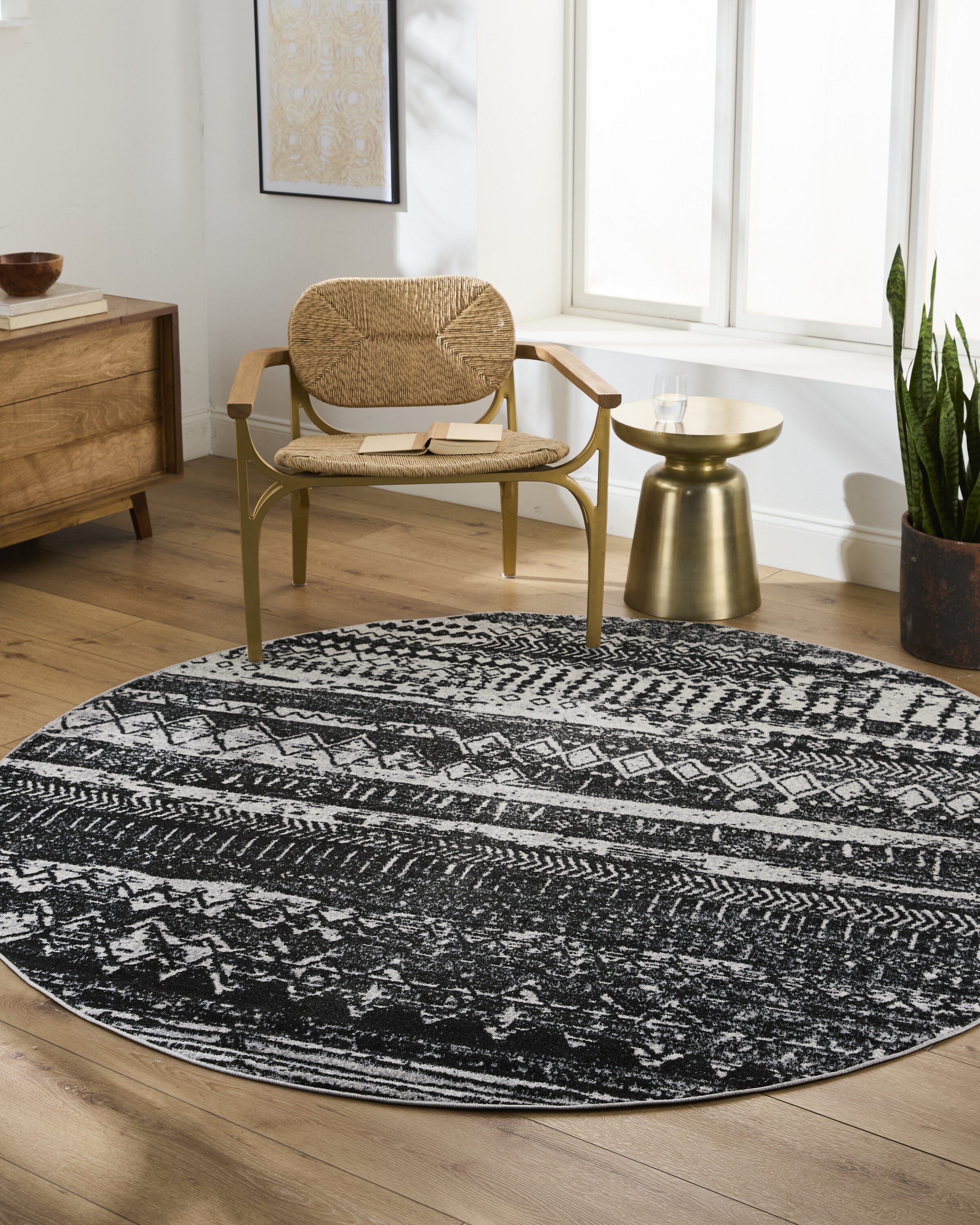 Livabliss LVR2330-67RD Lavadora 7 x 7 (ft) Polyester Charcoal Round Indoor Tribal Global Machine washable Area rug