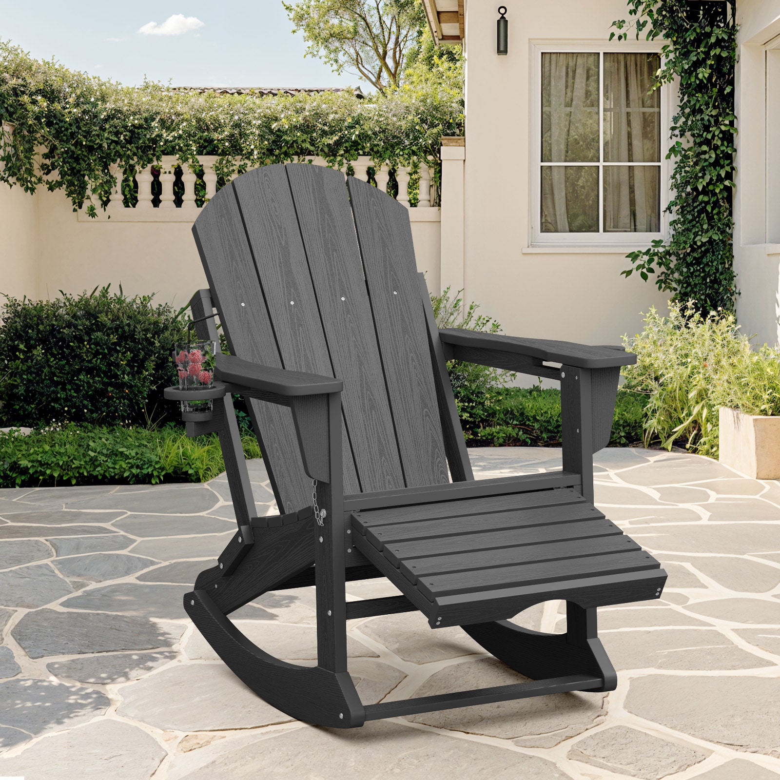JEAREY PEDGNYY-GY Adirondack Rocking Chair with Ottoman and Cup Holder Stackable Gray HDPE Frame Adirondack Chair with Slat Seat