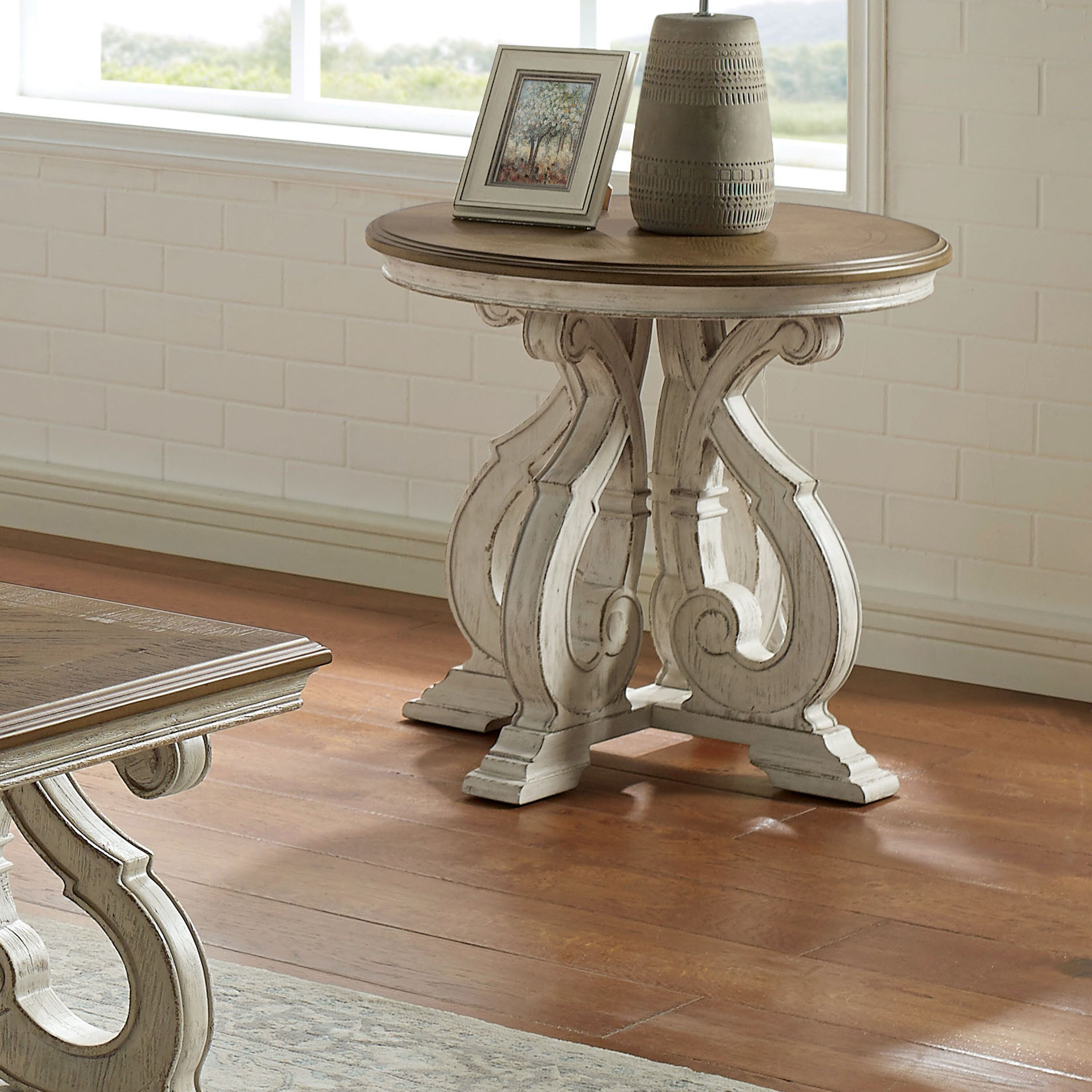 Furniture of America IDF-4663WH-E Kibriti 27-Inches W x 25-Inches H Dark oak Antique white Wood Round Casual End Table Assembly Required