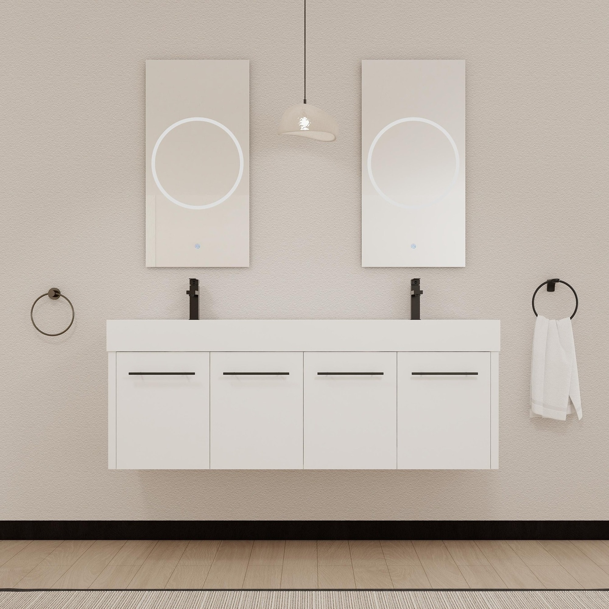 IAK 60 inch Glossy White Plywood Wall-Mounted Bathroom Vanity with Double Resin Sink with Soft Closing Doors