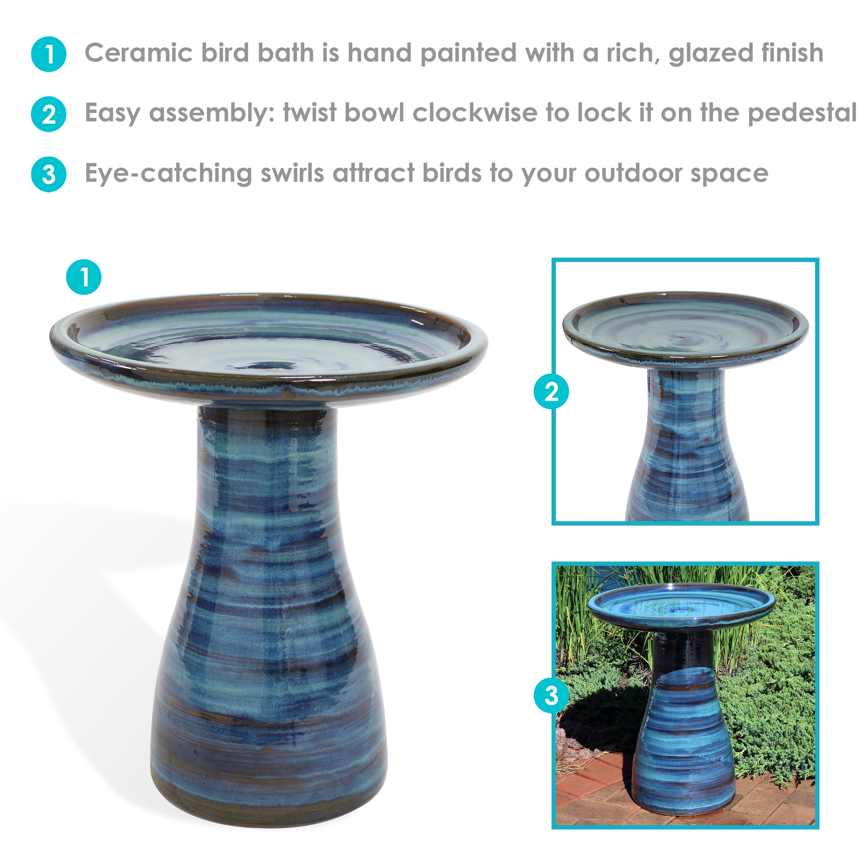 Sunnydaze Decor 21-in H Galaxy Blue Ceramic Complete Birdbath in the ...