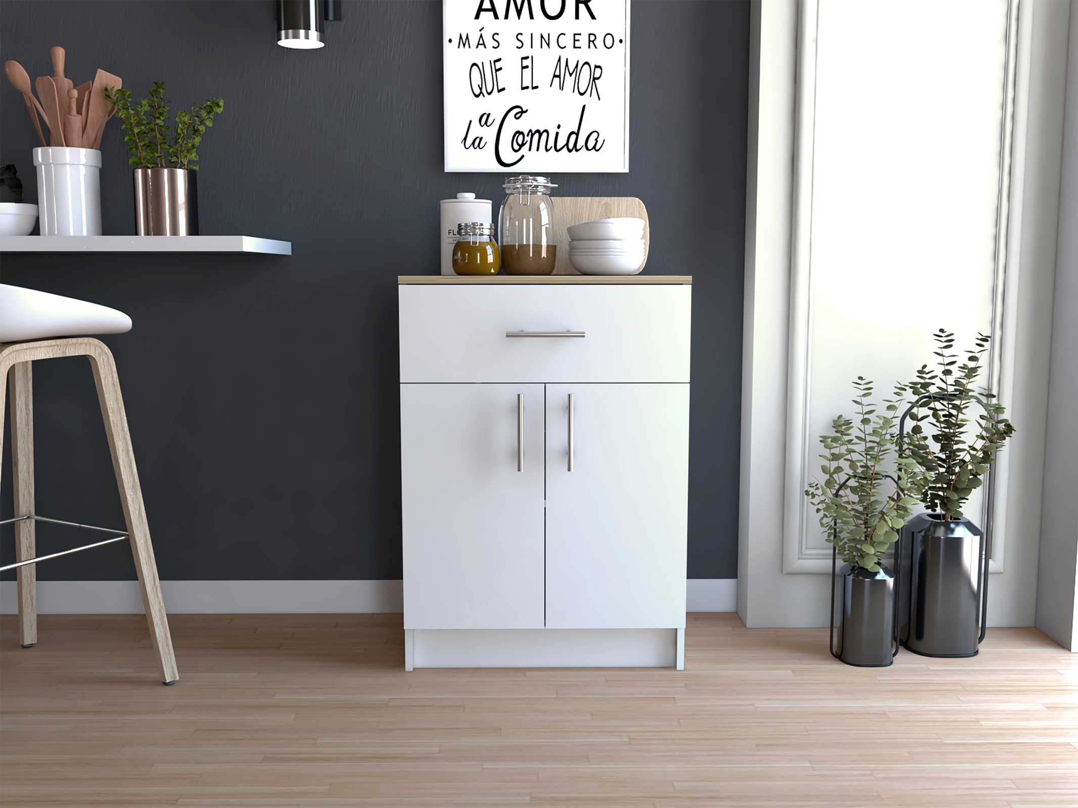 CHITA Modern Pantry Cabinet with 2 Doors 1 Drawer Light Oak Finish 2 Shelves for Kitchen Dining Room Pantry and Household Organization White And Oak