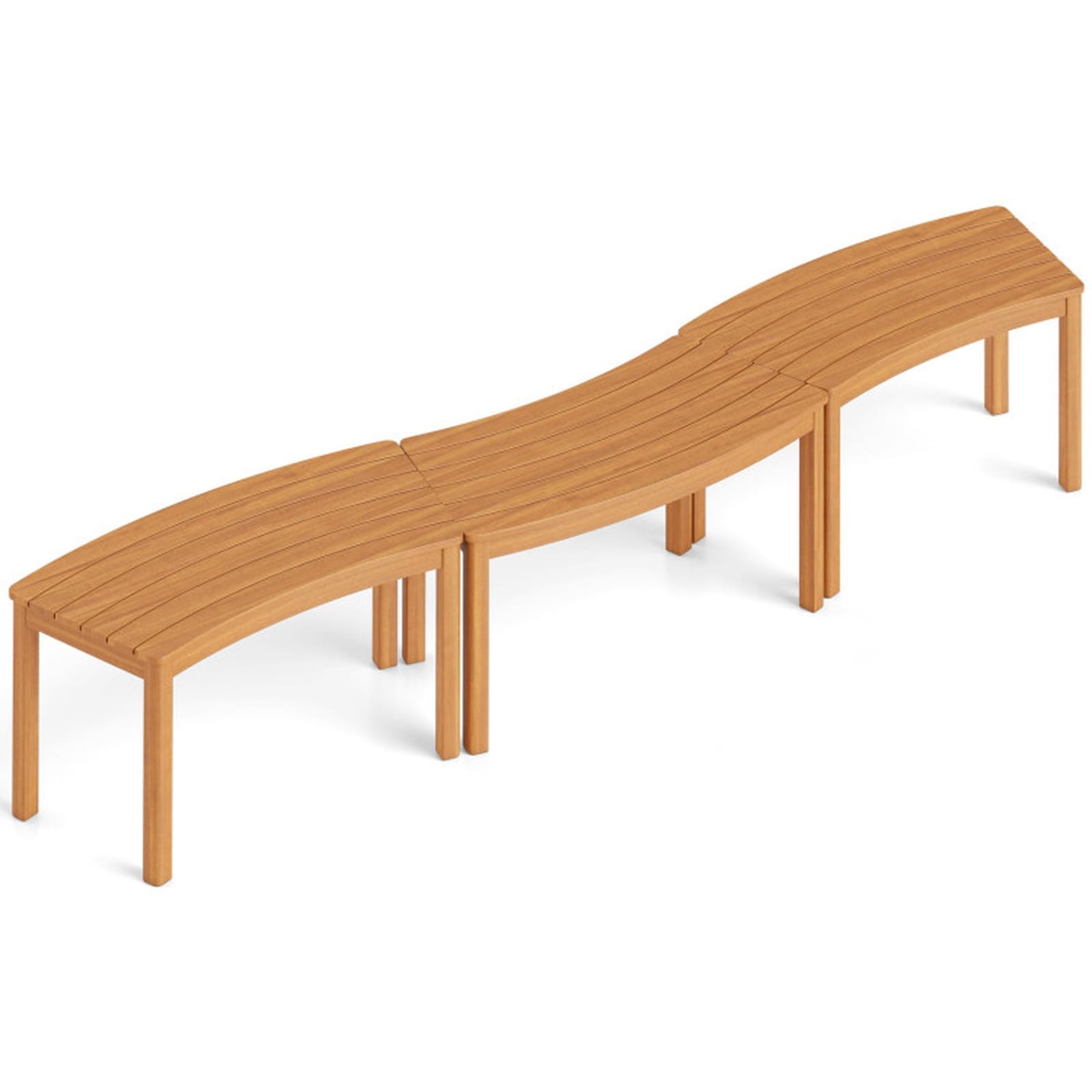 SUGIFT Set of 3 Outdoor Curved Acacia Wood Bench Sections 31-in Long with Backless Splinter-Free Slatted Solid Hardwood Seat 400-lb Weight Capacity for Fire Pit and Tree Surround Front Porch Deck Patio Garden and Poolside in Natural Finish
