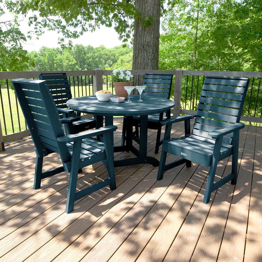 highwood AD-DNW48-NBE Weatherly 5 -Piece Nantucket Blue Patio Dining Set Plastic Round Table with 4 Stationary Chairs
