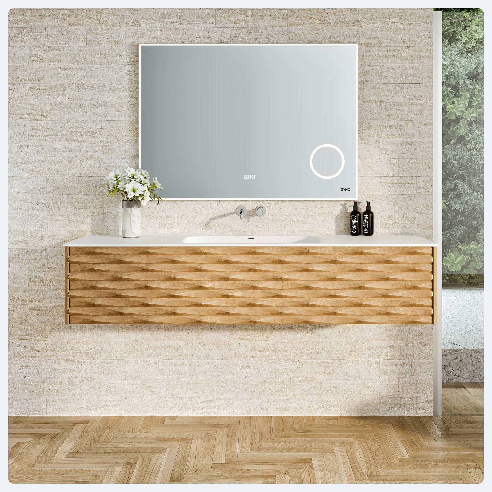 Eviva Oahu 55 in. W Solid Wood Floating Bath Vanity in Natural Oak with White Solid Surface Top