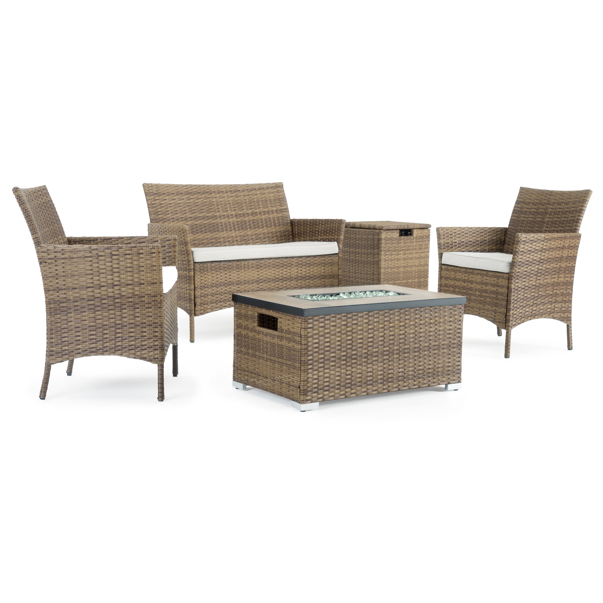 Sego Lily SL-SS4FT-11-BRN-K Kanab 4-Piece Wicker Patio Conversation Set with Off-white Olefin Cushions