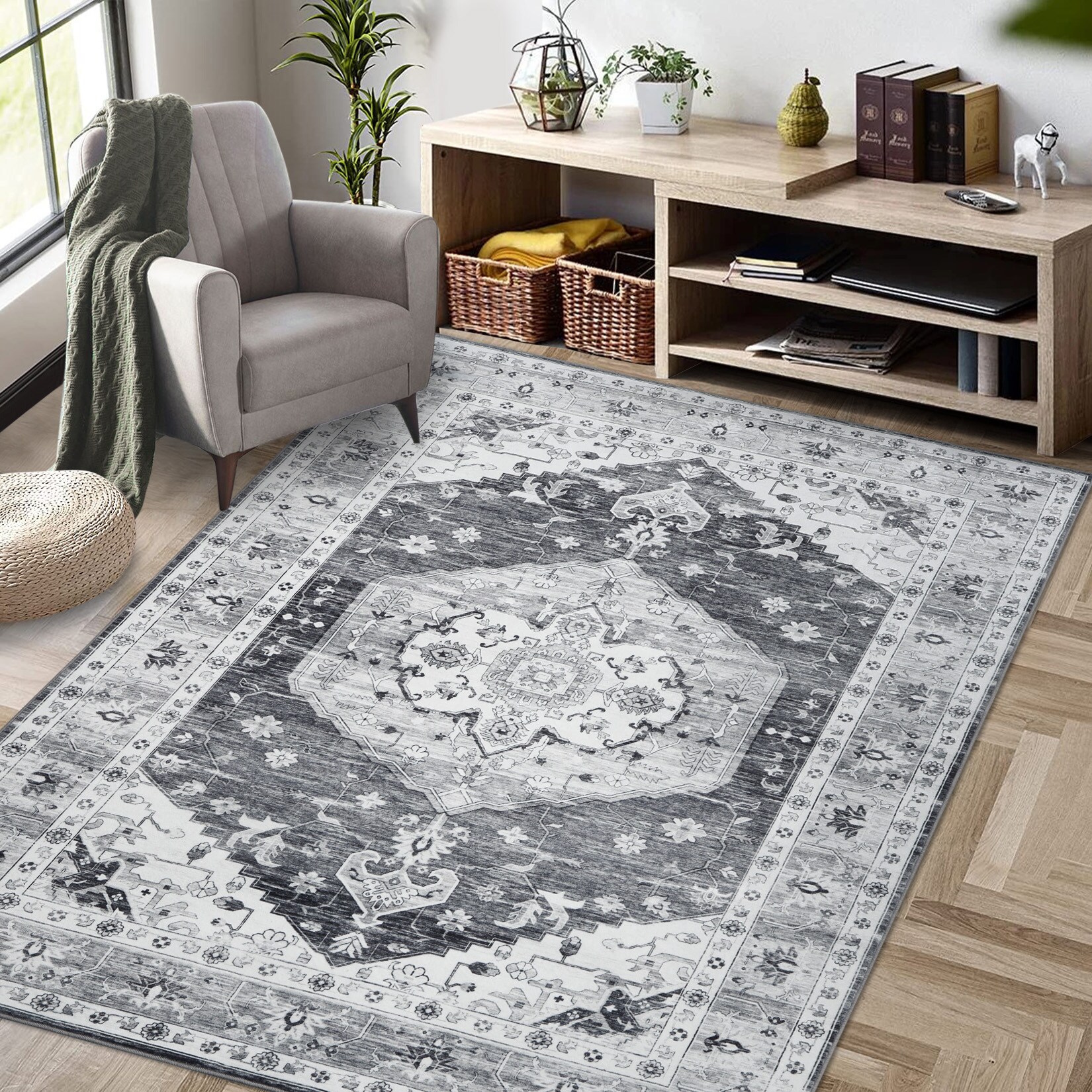Garvee YXY-LO-PHO-0YNHHSVQ 5 x 7 (ft) Loomed Polyester Gray Rectangular Indoor Floral/Botanical Persian Machine washable Area rug