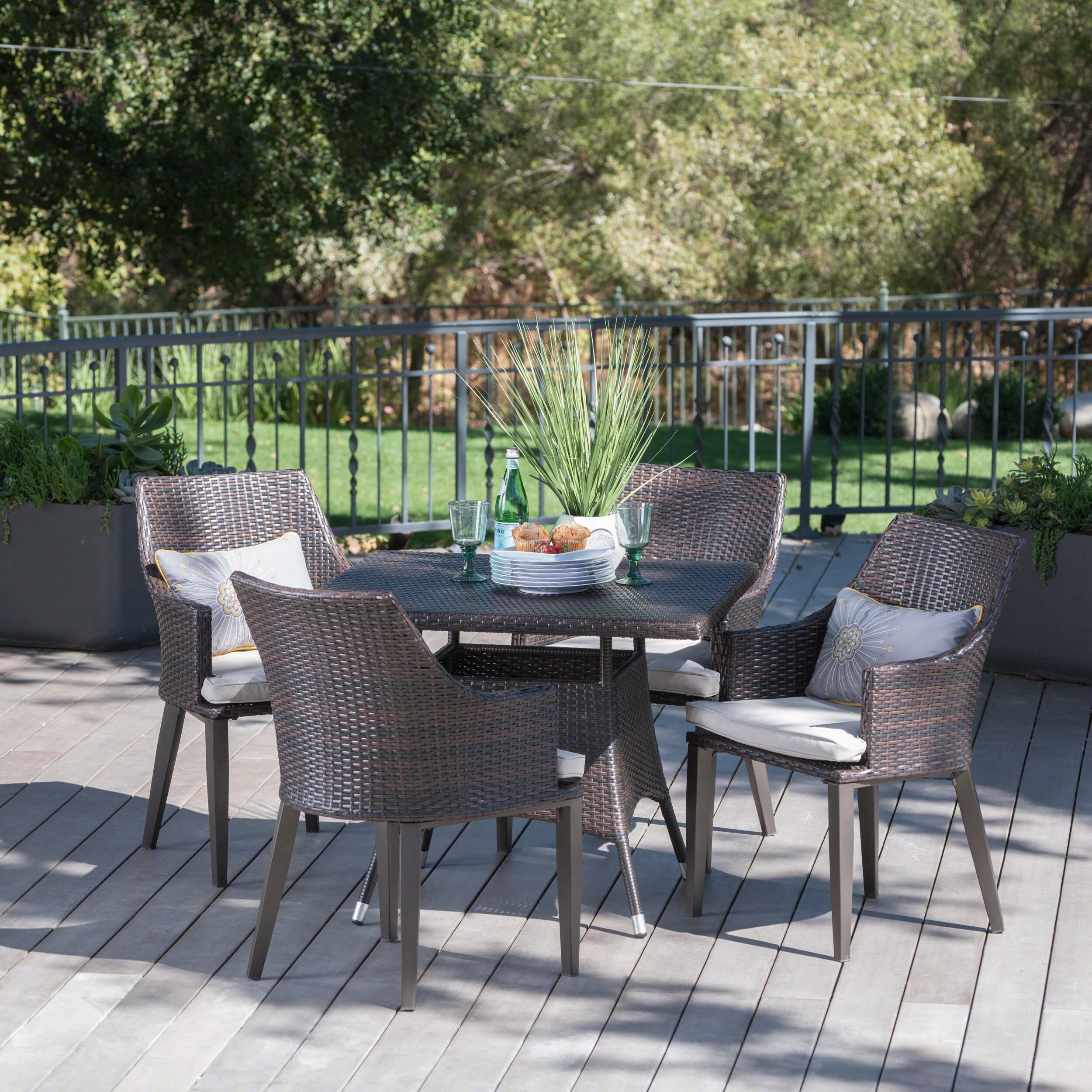 Christopher Knight Home 302470 Hillhurst Outdoor 5 Piece Multibrown Wicker Square Dining Set with Light Brown Water Resistant Cushions