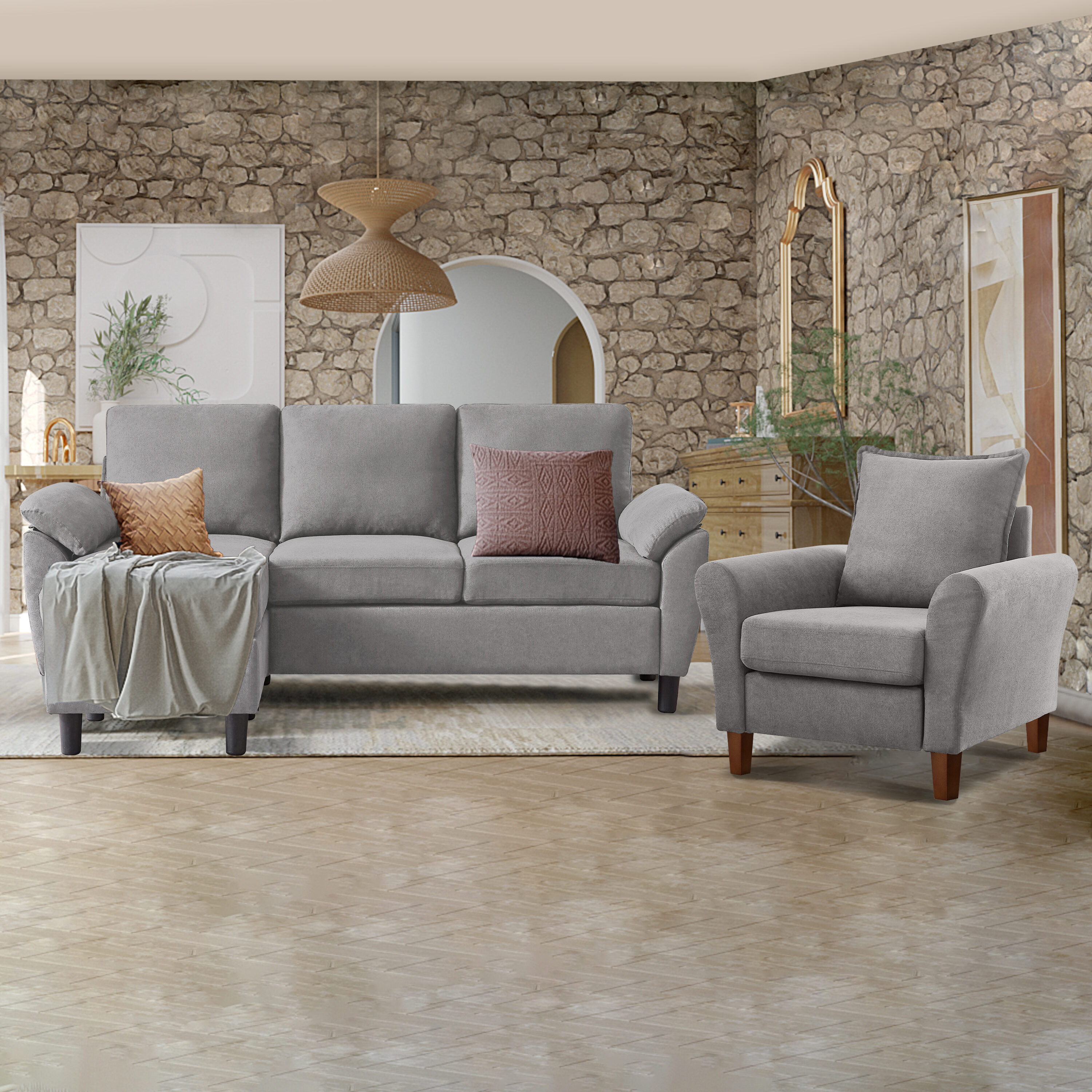 Jarenie YMX0255SETSLG Casual 3 -Piece Polyester/Polyester blend Light Grey Living Room Set