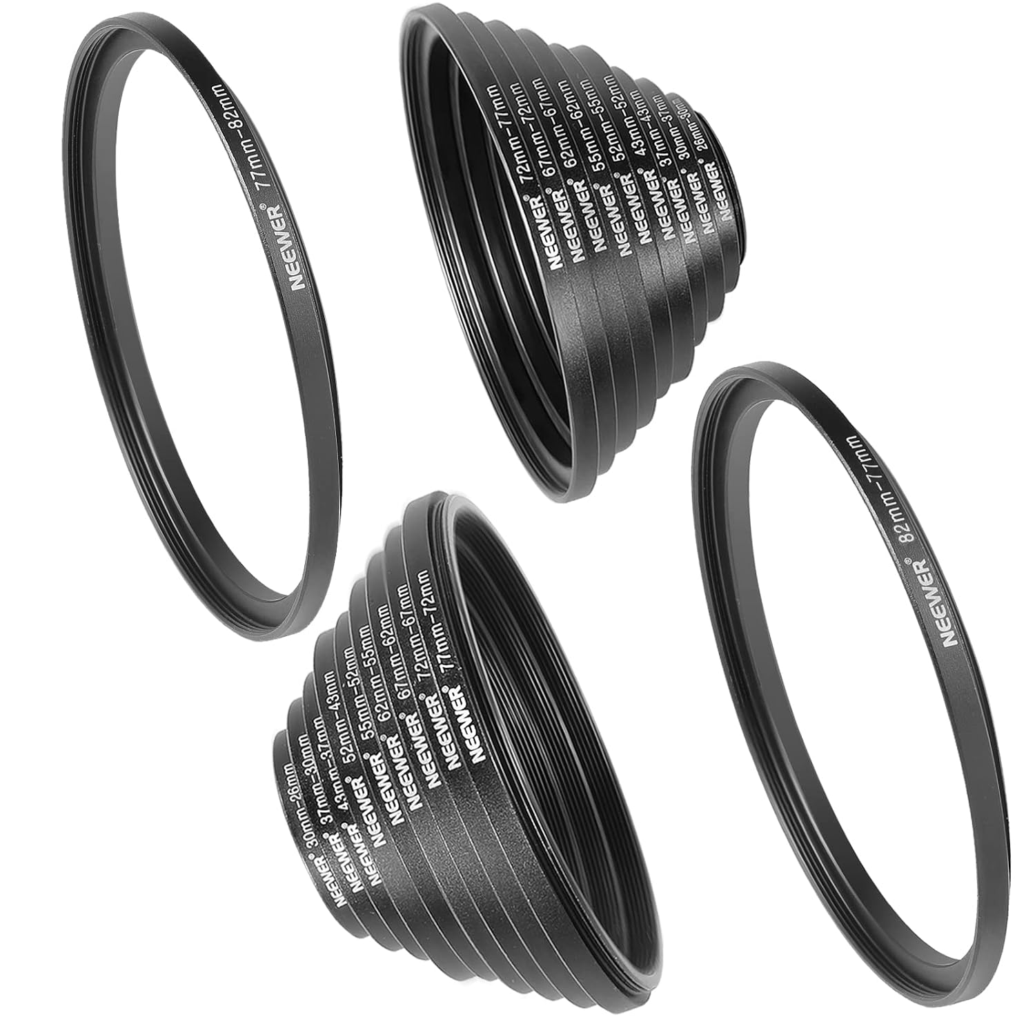NEEWER 20-Piece Anodized Aluminum Lens Filter Adapter Ring Kit with 10 Step-Up and 10 Step-Down Rings Ranging from 26mm to 82mm