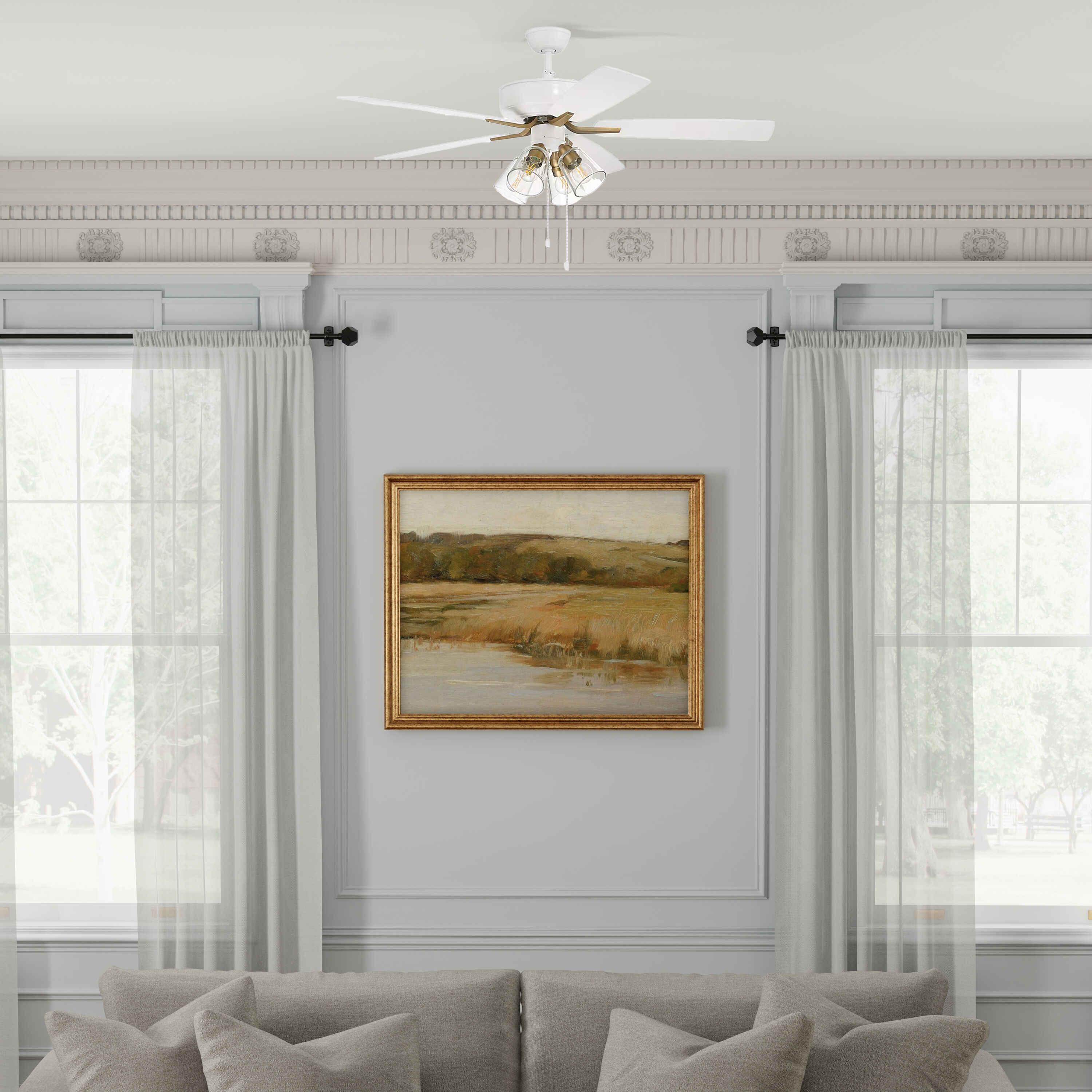 White Satin Brass 52" Ceiling Fan with Clear Glass Light