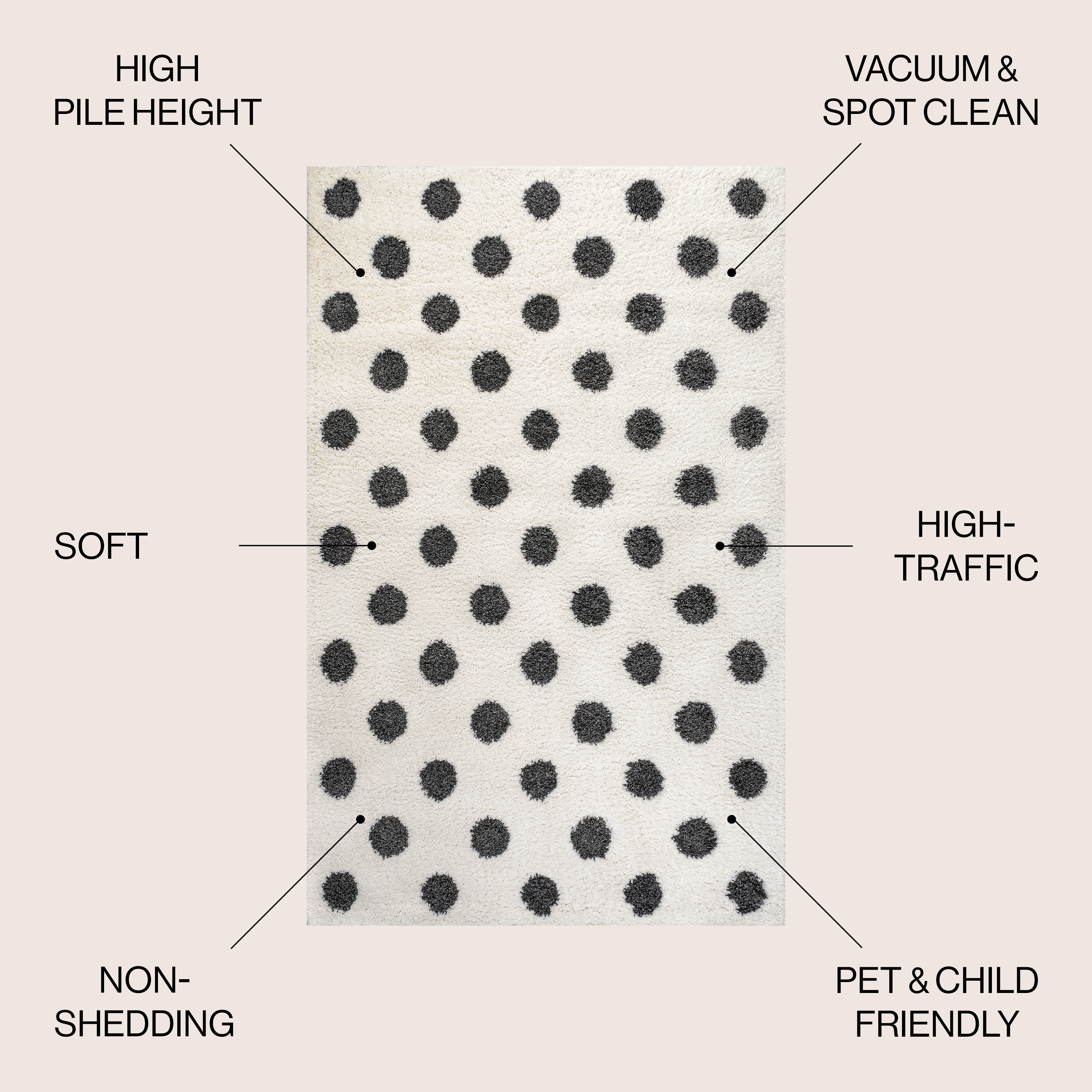 Easy-Care Charcoal and Ivory Polka Dot Shag Rug 3'x5'