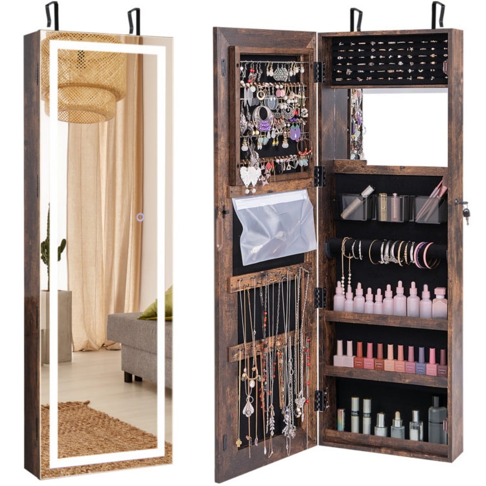 Fenbeli - Wall or Door-Mount Jewelry Armoire with 3-Color LED and Vanity Mirror