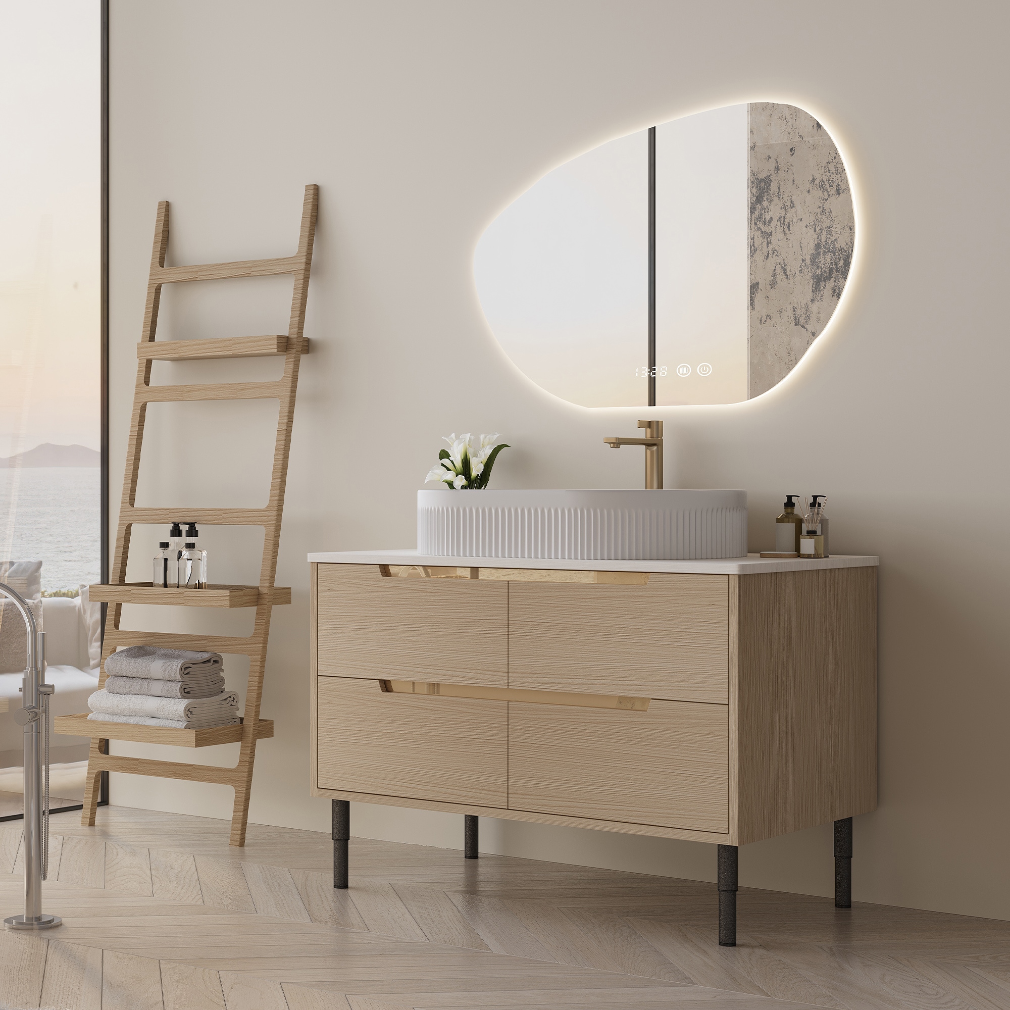 GDFStudio Modern 36 in Bathroom Vanity with Oval Vessel Sink Sintered Stone Top and Metal Legs with Soft Close Drawers - White Sink+Brown Cabinet