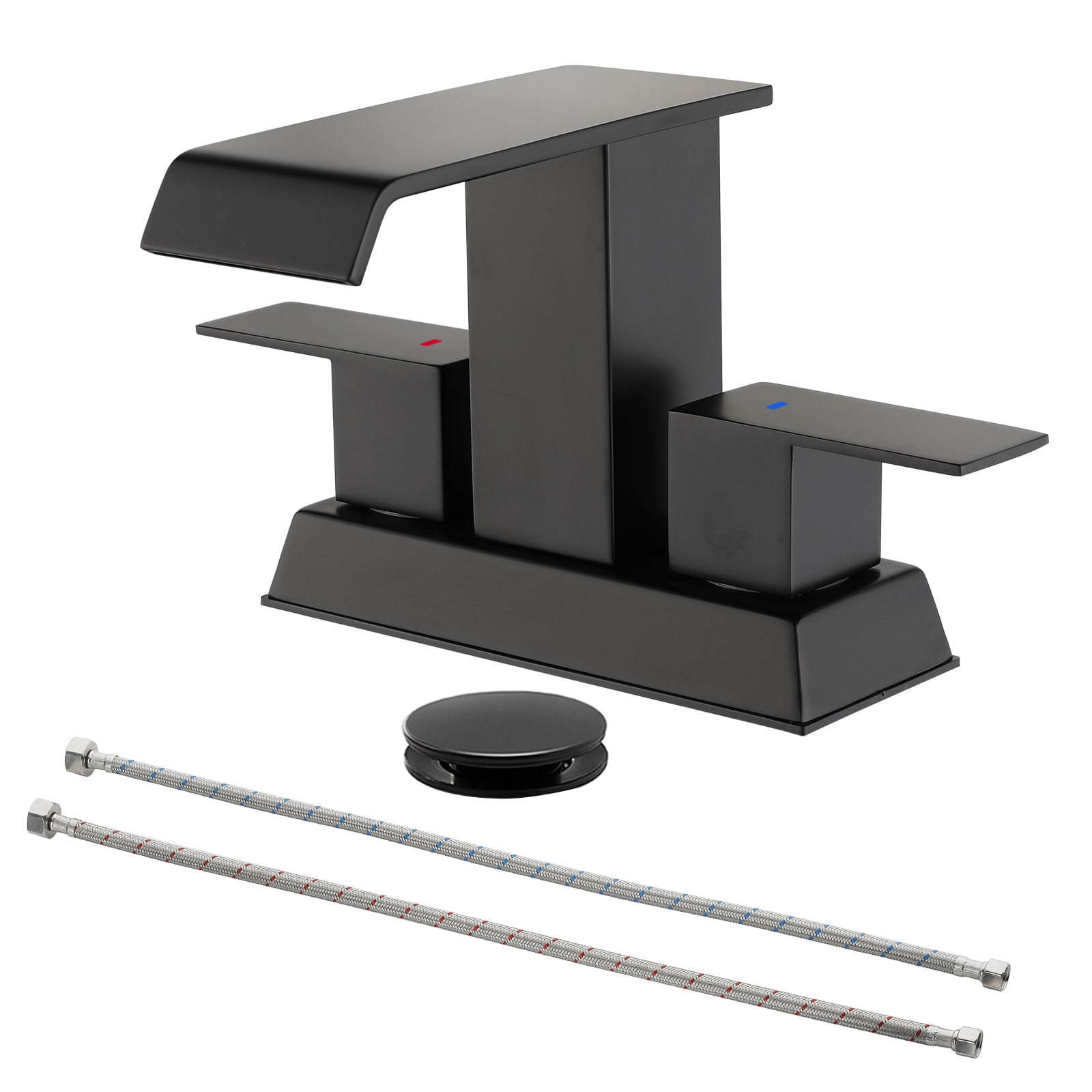 WELLFOR SPA-23003B Matte Black 4-in centerset 2-handle Waterfall Commercial/Residential Handle Bathroom Sink Faucet with Drain with Deck Plate