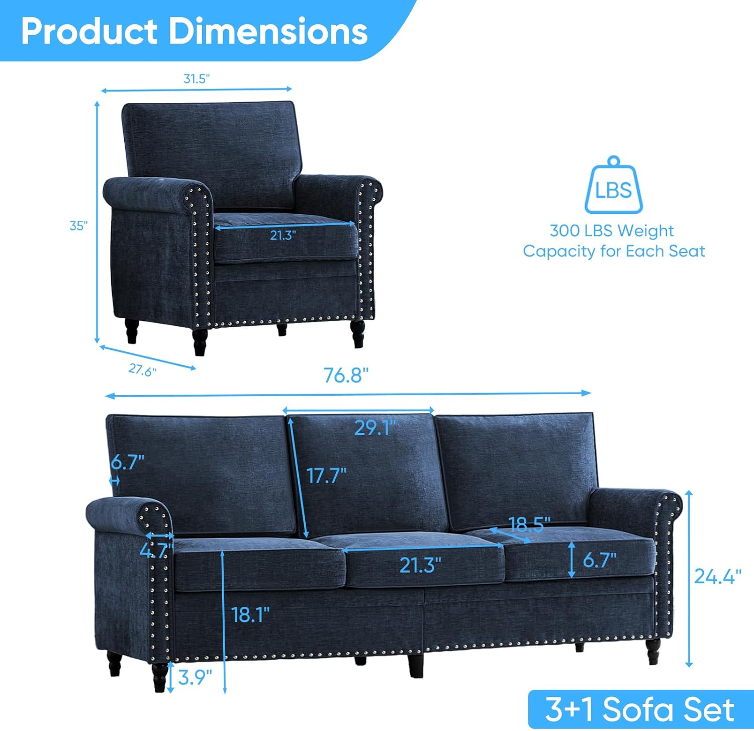 Mjkone LW11352-3+1-BLUE Sofas-Loveseats - View #3
