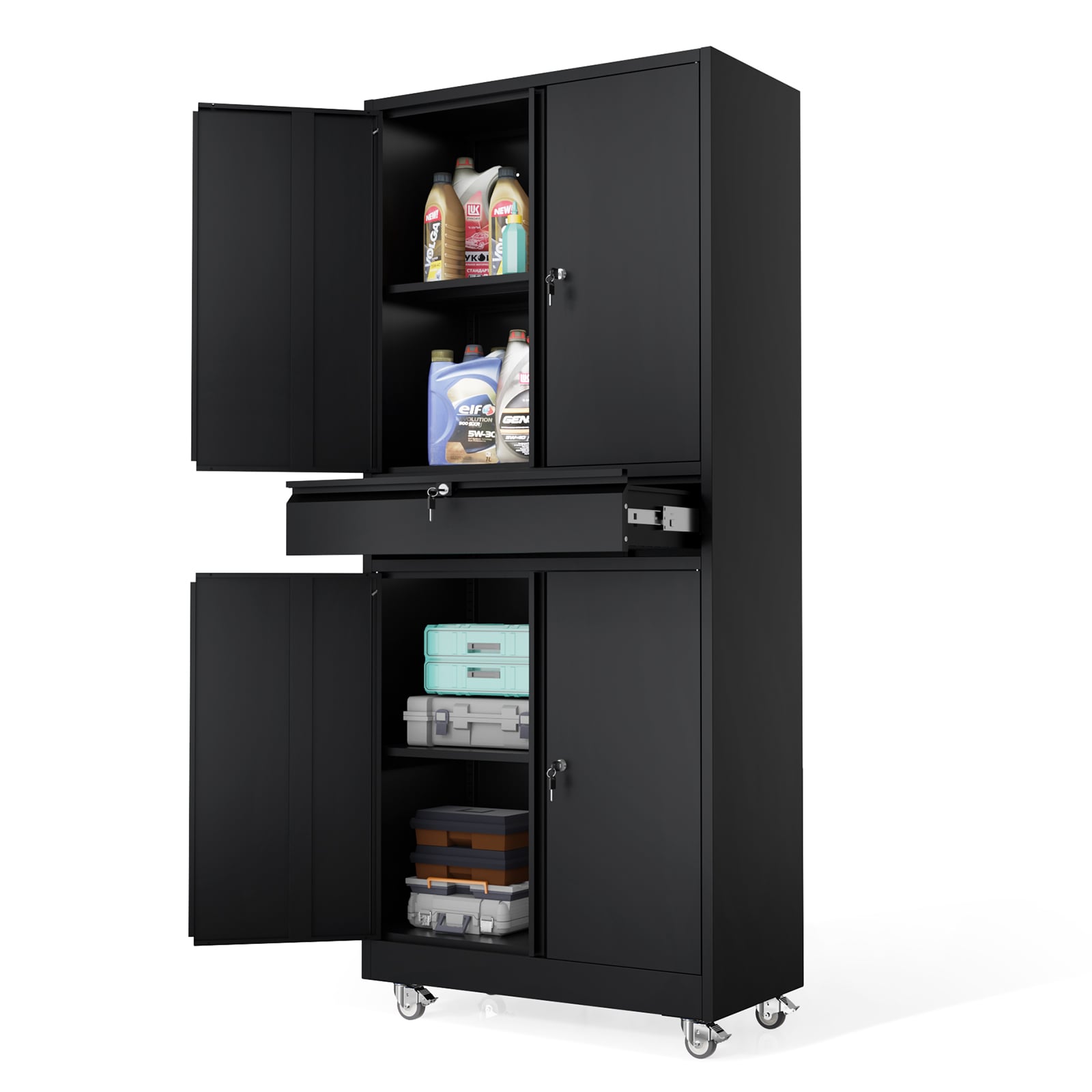 VINGLI 15.8D x 31.5W x 71H Metal Storage Cabinet with 4 Doors and 1 Drawer/Lockable Tool Storage Cabinet with Locking Wheels and Adjustable Shelves Black