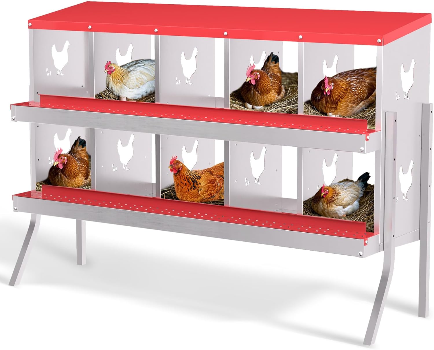 Qeetex GGL-PHO-348SF9XM 10-Hole Red With Stand Chicken Nesting Box  Chicken Nesting Box with Legs  Metal Chickens Laying Boxes with Perch  Metal Roll Away Eggs Laying Boxes  Versatile Wall Mount for Chickens
