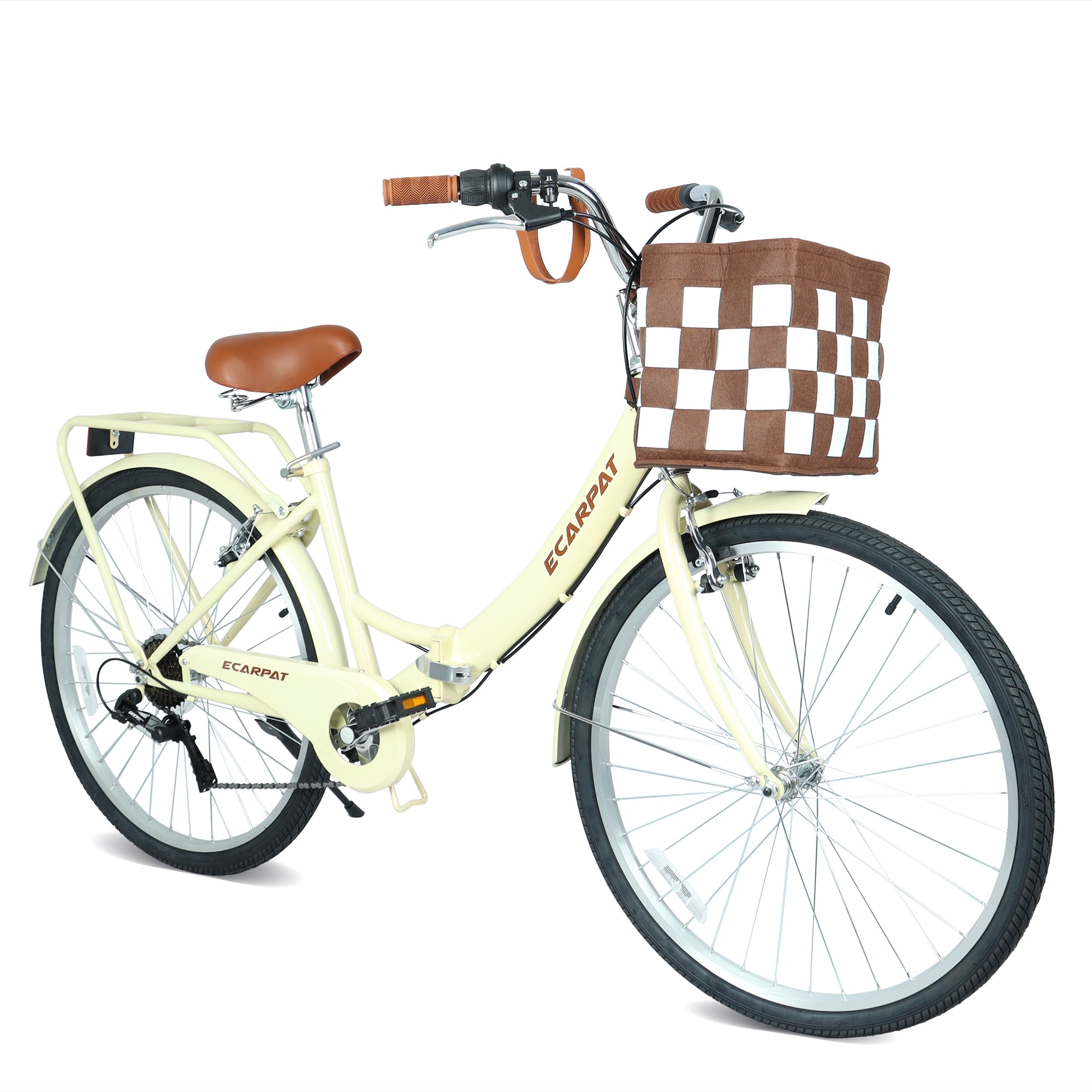 KTMBDW 26 Inch Folding City Bike with 7 Speeds and Detachable Basket - Steel Frame V-Brakes Comfortable City Bikes for Adult -Yellow