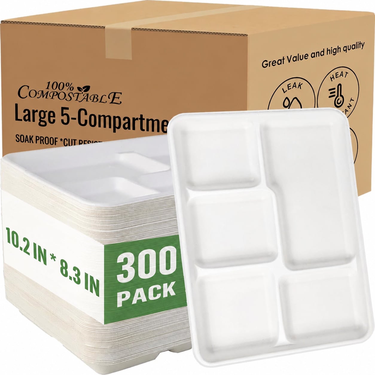 Etokfoks  10 3 in White Disposable Paper Plate Natural Color Family Compostable 5 Compartment Plate 300 Per Case