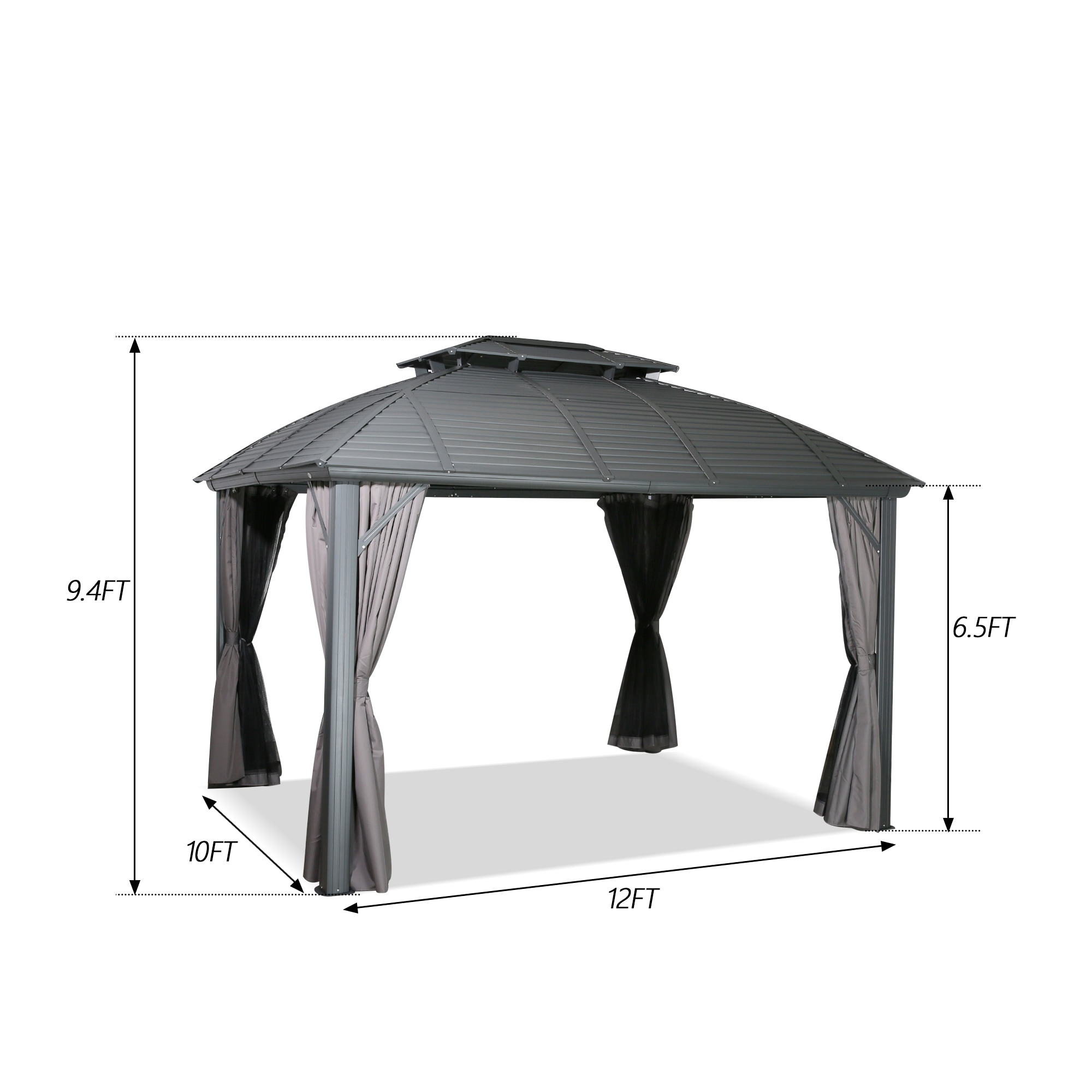 10x12 FT Gray Aluminum Frame Hardtop Gazebo with Curtains