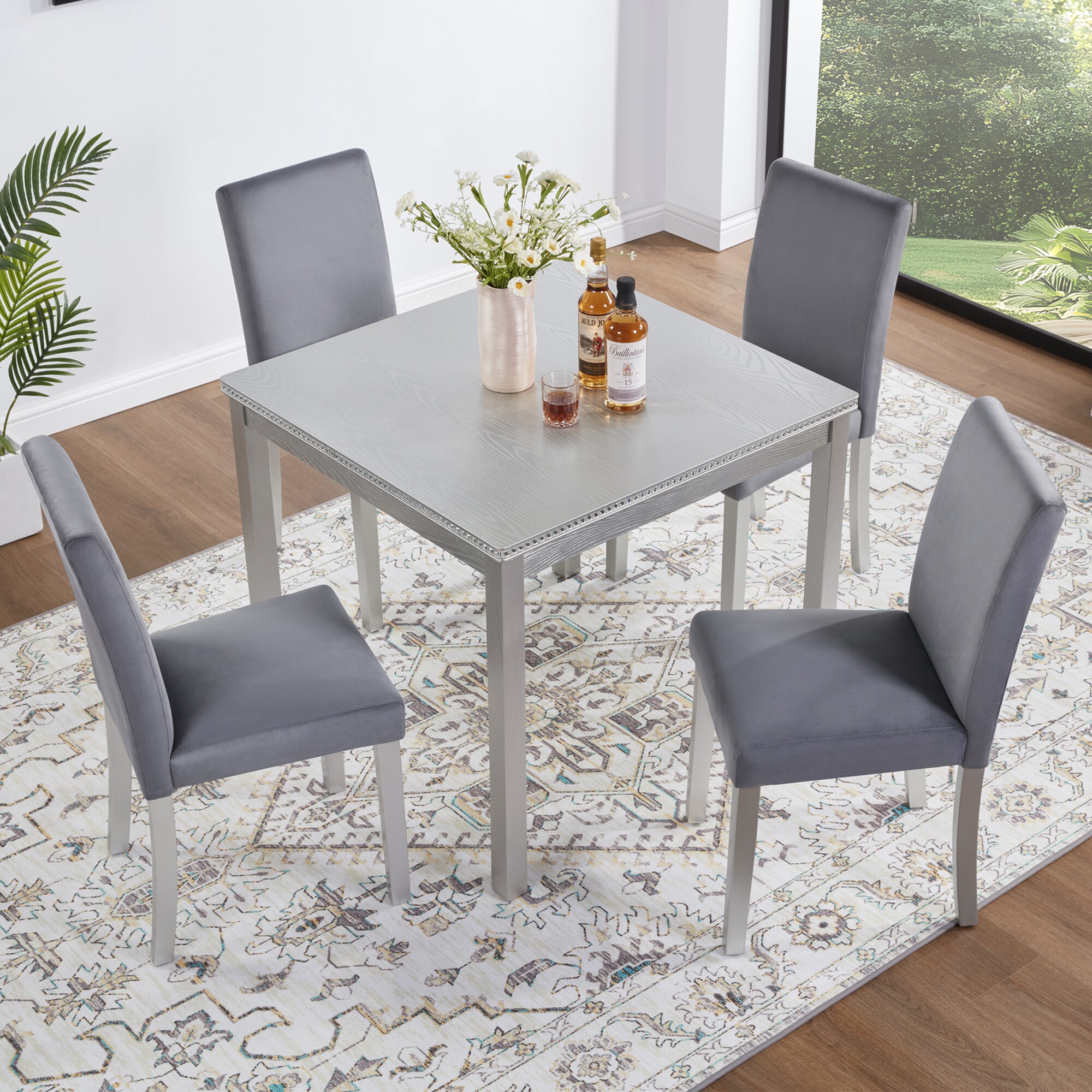 LOVMOR SF-H-W1998S00068 5 Piece Wooden Dining Table Set with a Square Table and 4 Upholstered Chairs Crystal Decoration and Chairs Silver gray