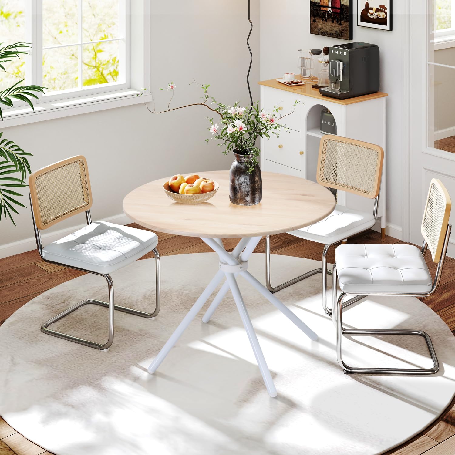 Homy Casa FONTANA OK WH FONTANA Farmhouse Whitewashed Oak Wood Top 31.5 in. in White Metal Cross Legs Base Round Dining Table (Seats 2)