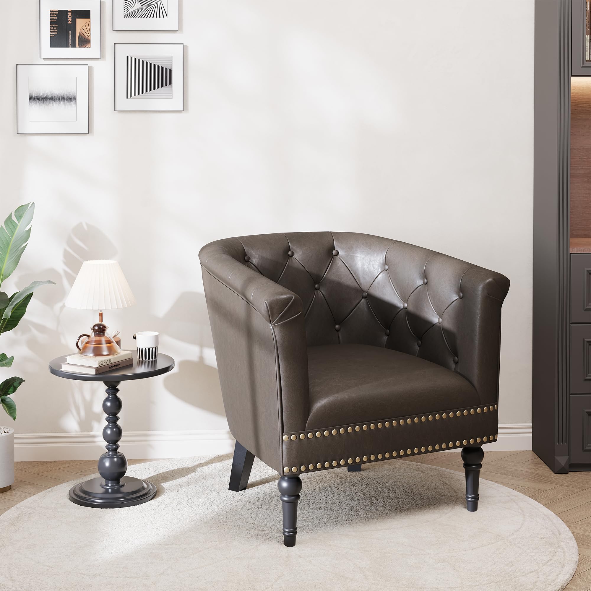 Garvee Dark Brown Faux Leather Barrel Accent Chair with Tufted Backrest and Nailhead Trim for Living Room #09GXFCHBNL-HXYY-720