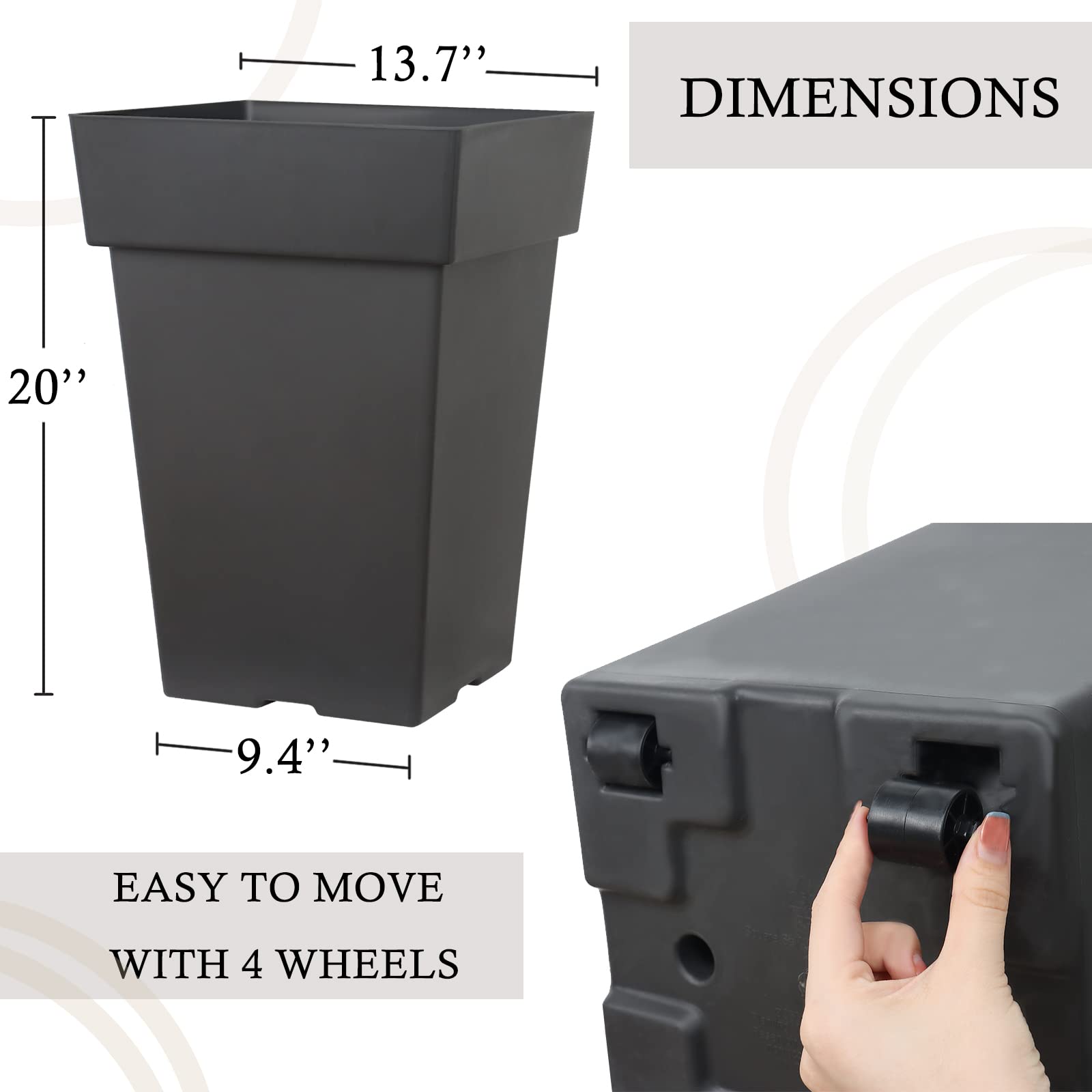 ITOPFOX Tall Planters for Outdoor Plants 20 Inch Movable Large Plastic